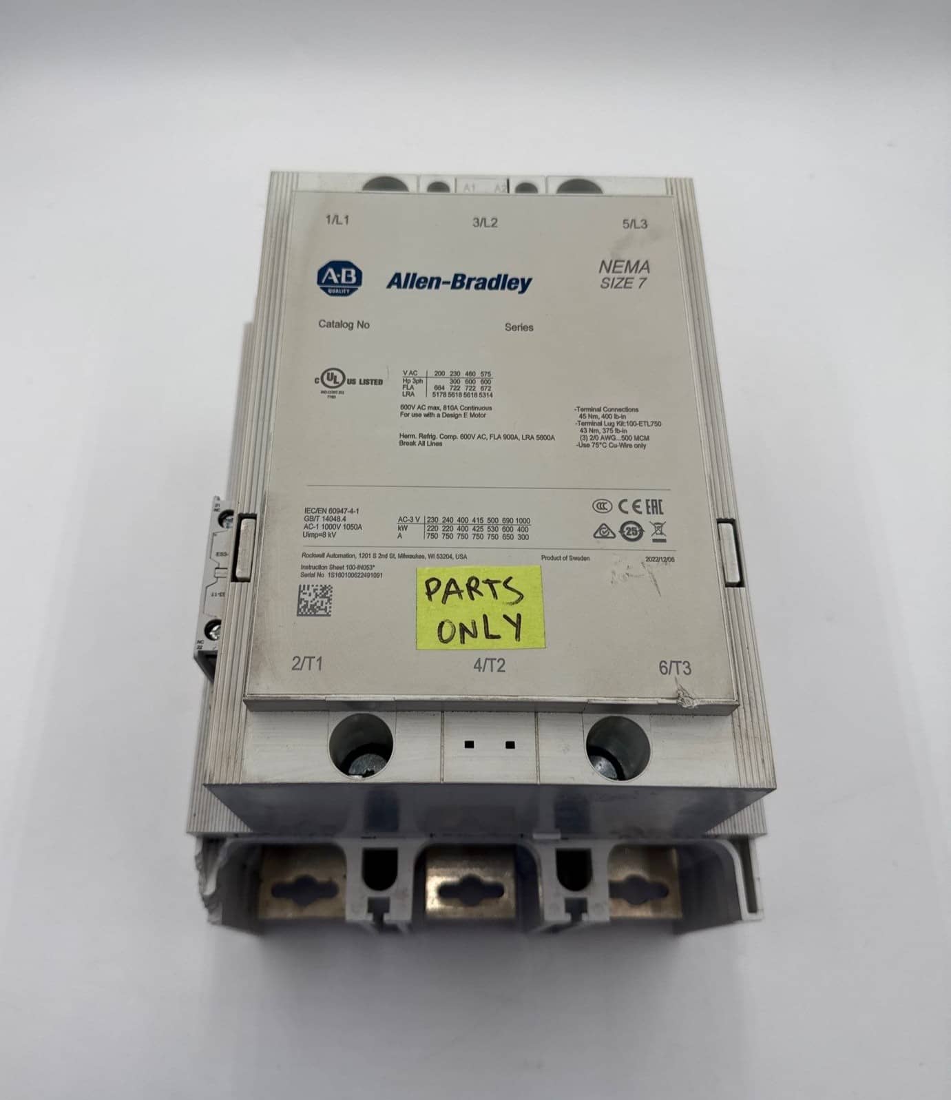 Allen Bradley NEMA Size 7 Contactor 810A 3P 600V Coil 100-250V FOR PARTS ONLY