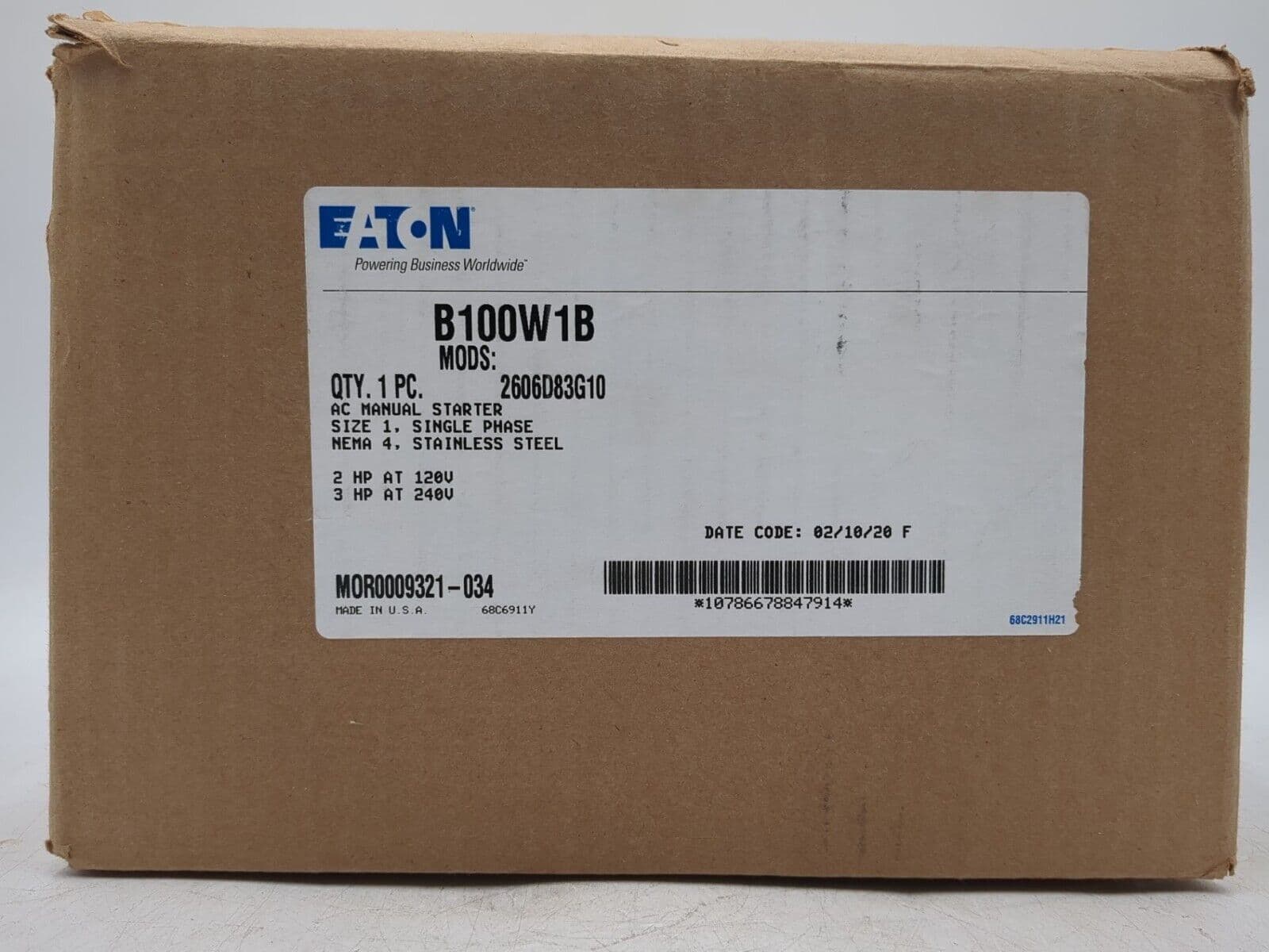 Eaton B100W1B Manual Starter Non-Rev Size 1 2P 9-45A 240V 1PH 3HP NEMA 4 – image 1