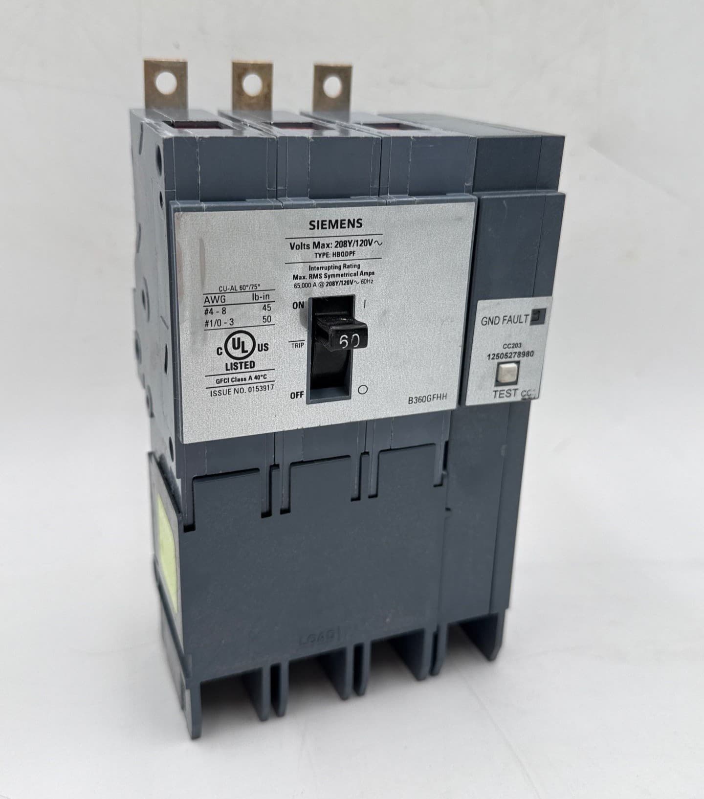 Siemens B360GFHH Circuit Breaker 60A 3P 208Y/120V 65kA HBQDPF Bolt On 60 Amp New – image 1