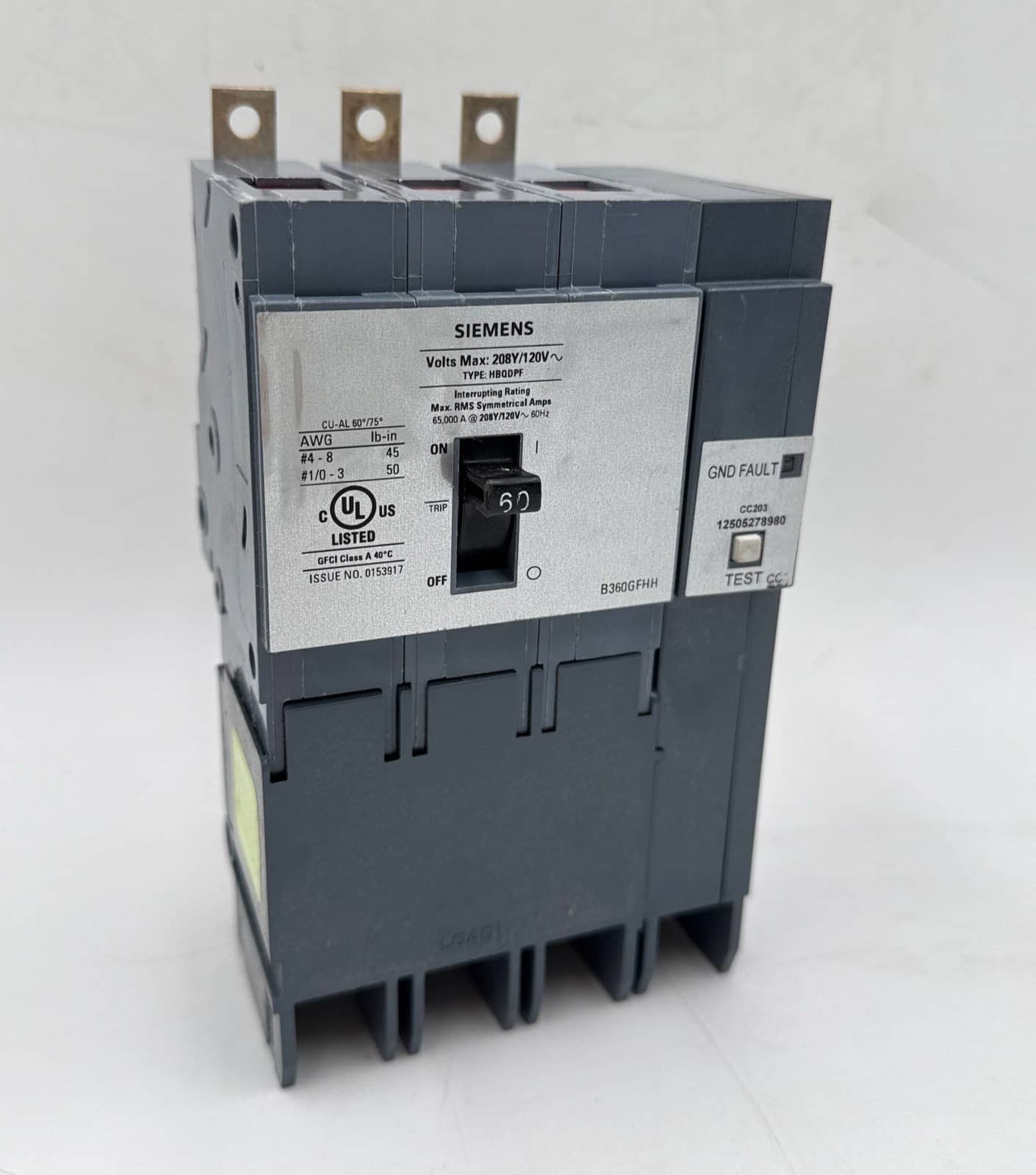 Siemens B360GFHH Circuit Breaker 60A 3P 208Y/120V 65kA HBQDPF Bolt On 60 Amp New