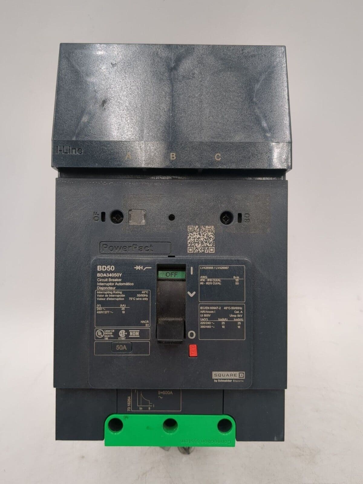 Square D BDA34050Y I-Line Circuit Breaker 50A 3P 480V BDA 50 Amp 3 Pole