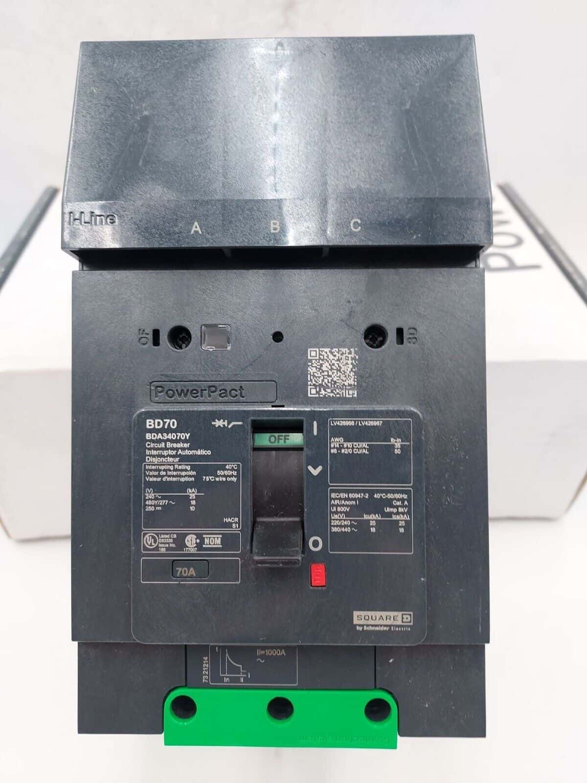 SQUARE D BDA34070Y I-Line Circuit Breaker 70A 3P 480V 3PH BDA 70 Amp 3 Pole