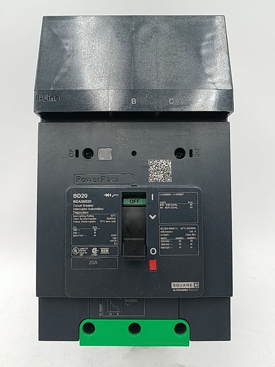 Square D BDA36020 I-Line Circuit Breaker 20A 3P 600V 3PH BDA 20 Amp 3 Pole BD20 – image 1