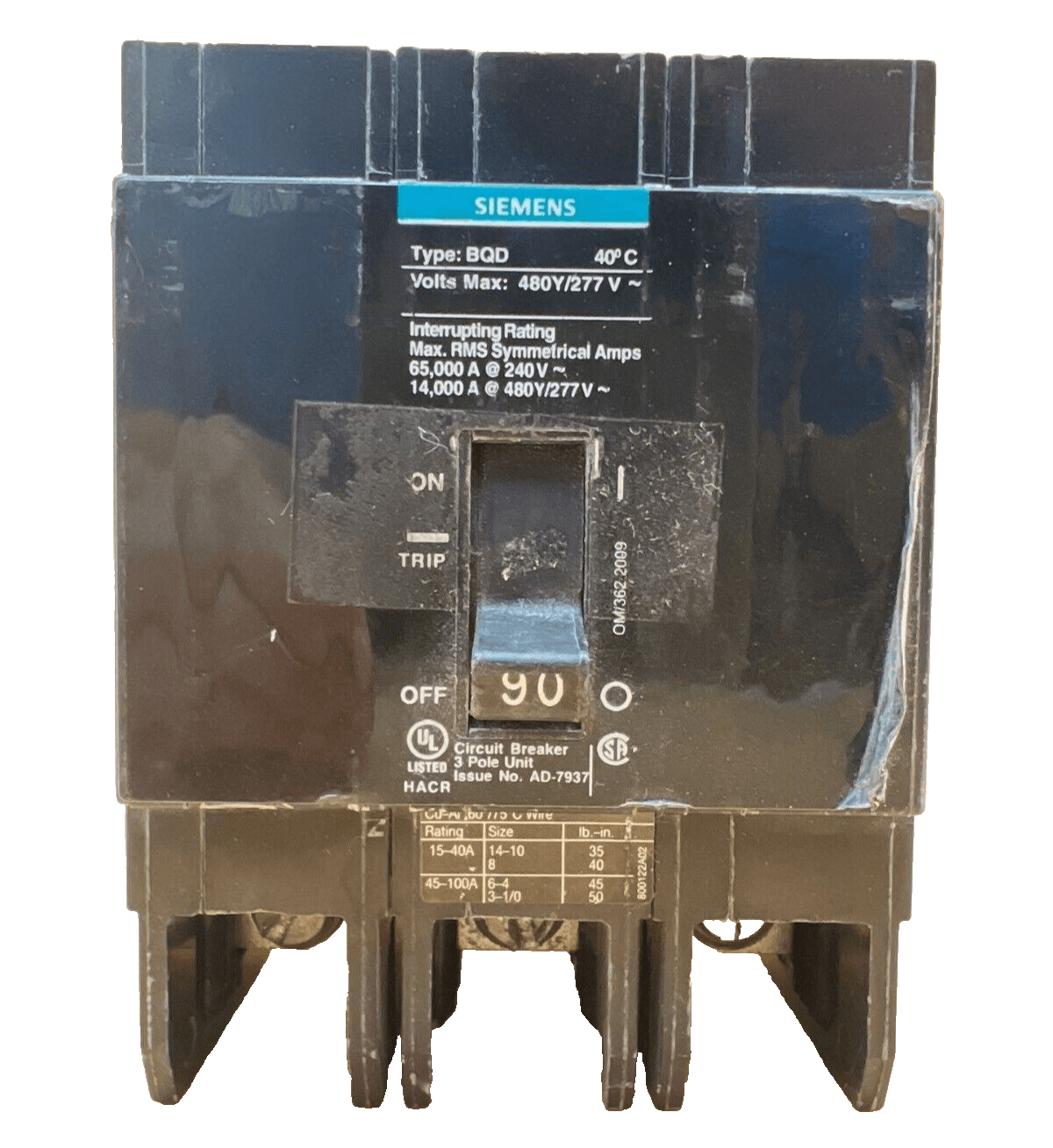 Siemens BQD390 Circuit Breaker 90A 480V 3P Bolt On BQD 90 Amp 3 Pole