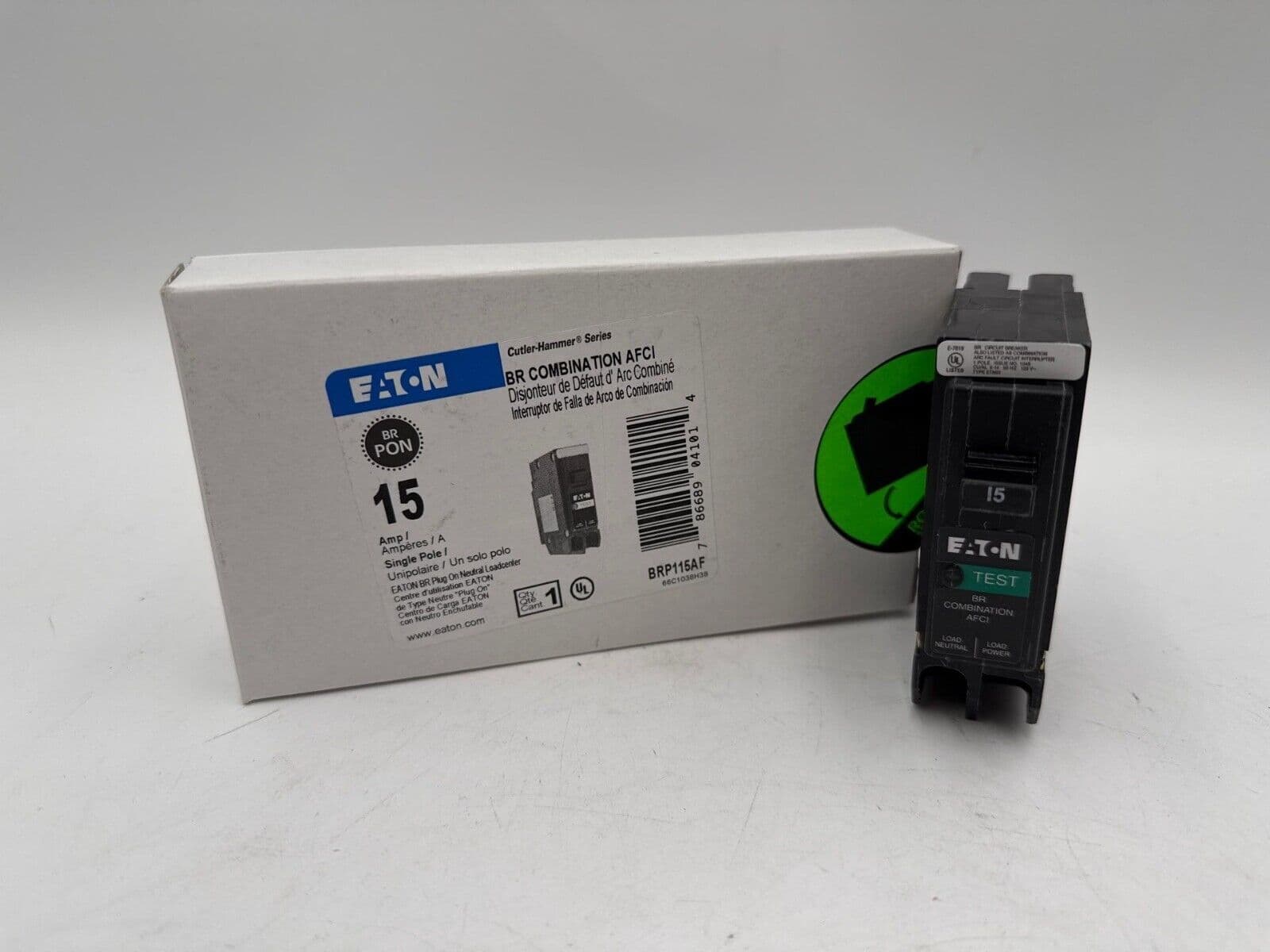 Eaton BRP115AF Circuit Breaker 15A 1P 120V Combination AFCI Plug On 15 Amp