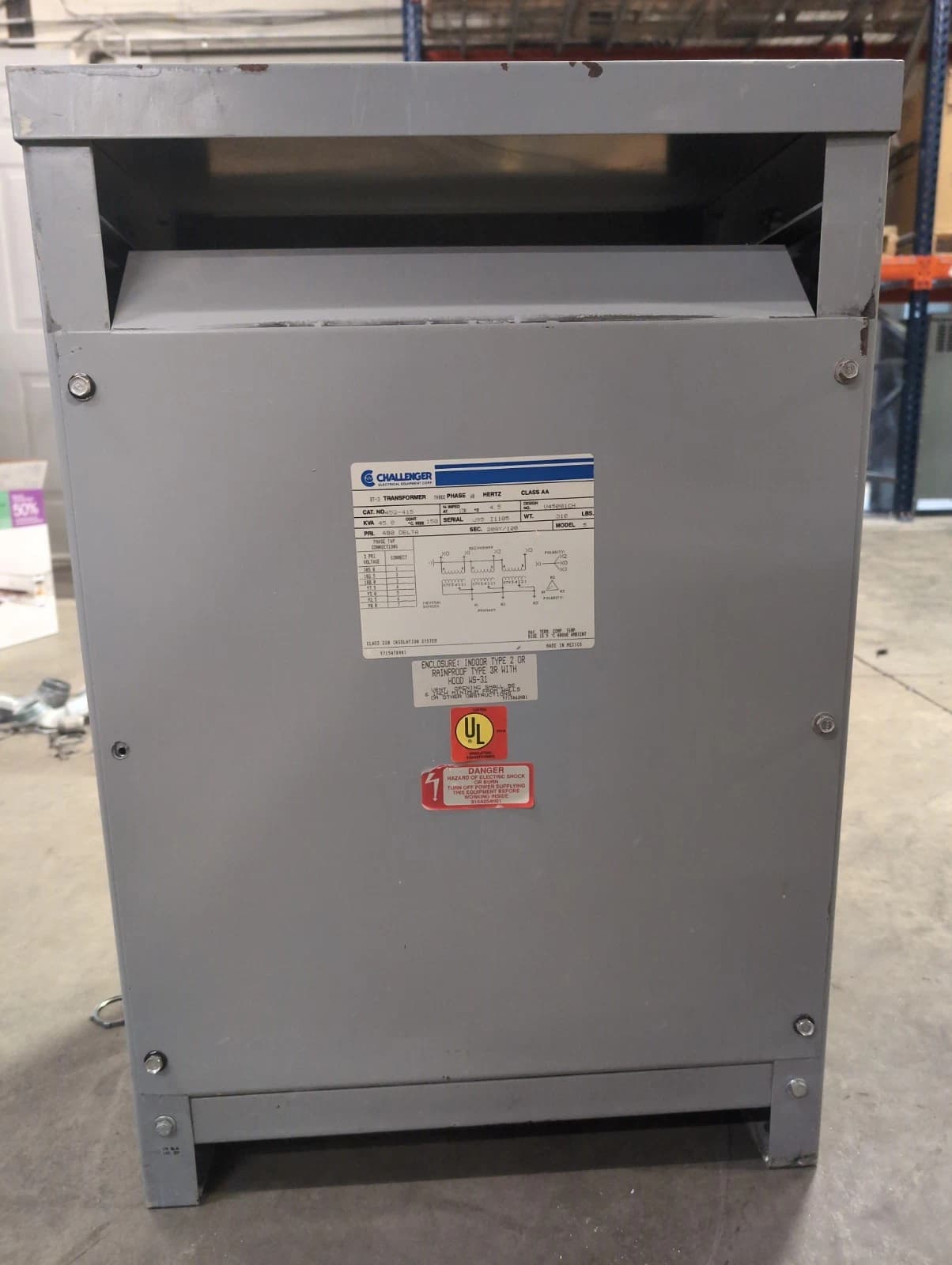 45 KVA Challenger 452-415 Transformer Pri 480V Sec 208/120V 3PH 60Hz Class AA