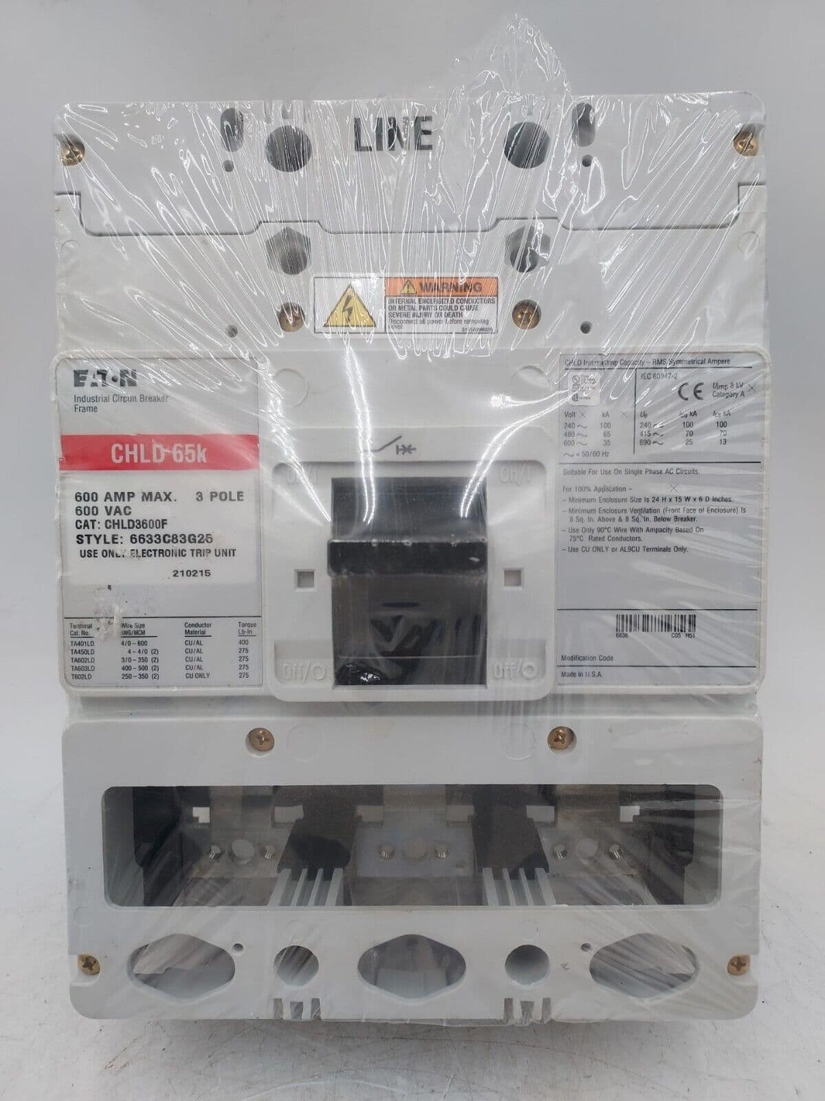 Eaton CHLD3600F Circuit Breaker Frame 600A 3P 600V 600 Amp 3 Pole BOLT ON New – image 1