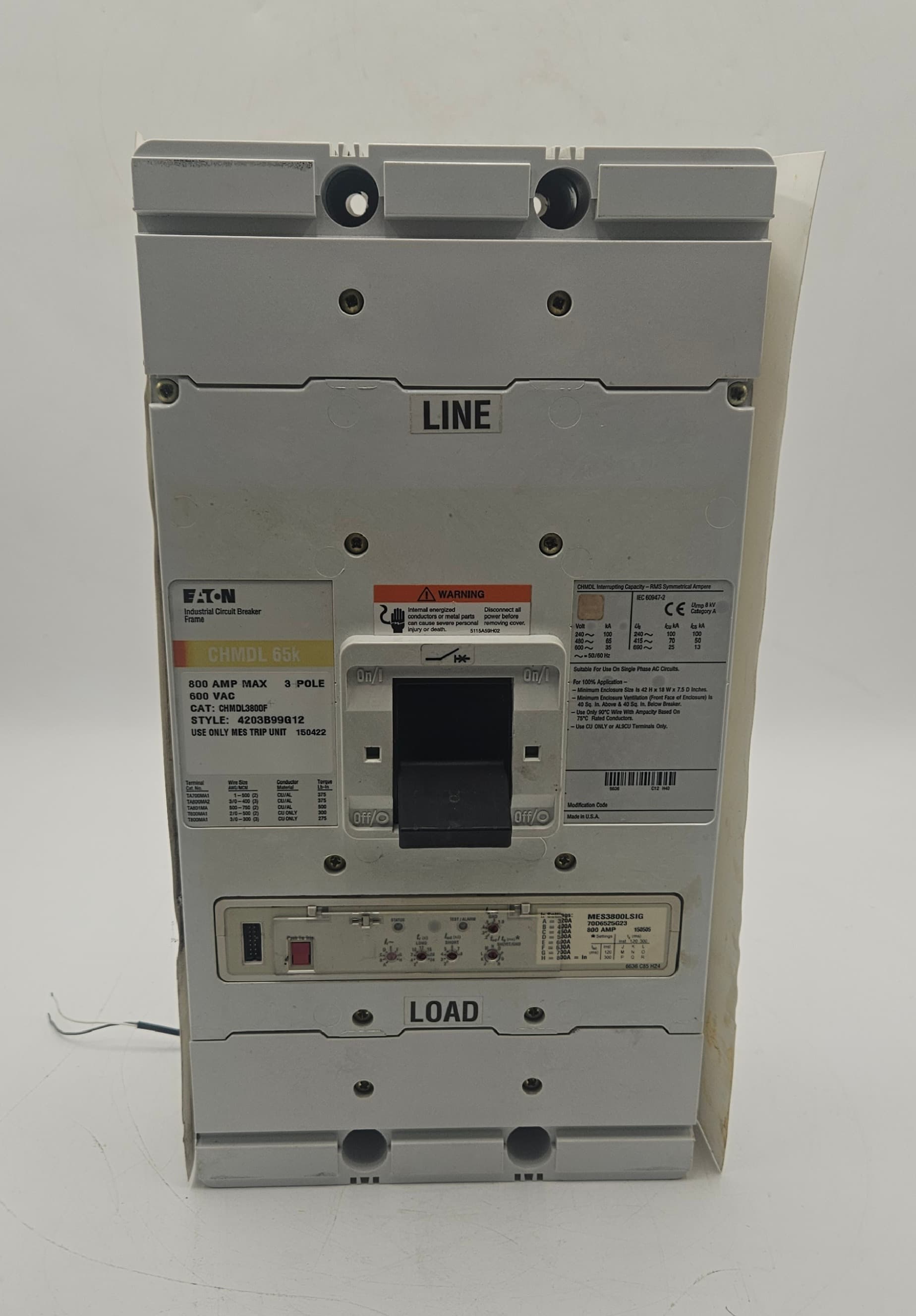Eaton CHMDL3800F 800A 3P 600V 100% Rated Breaker w/ MES3800LSIG Trip Unit