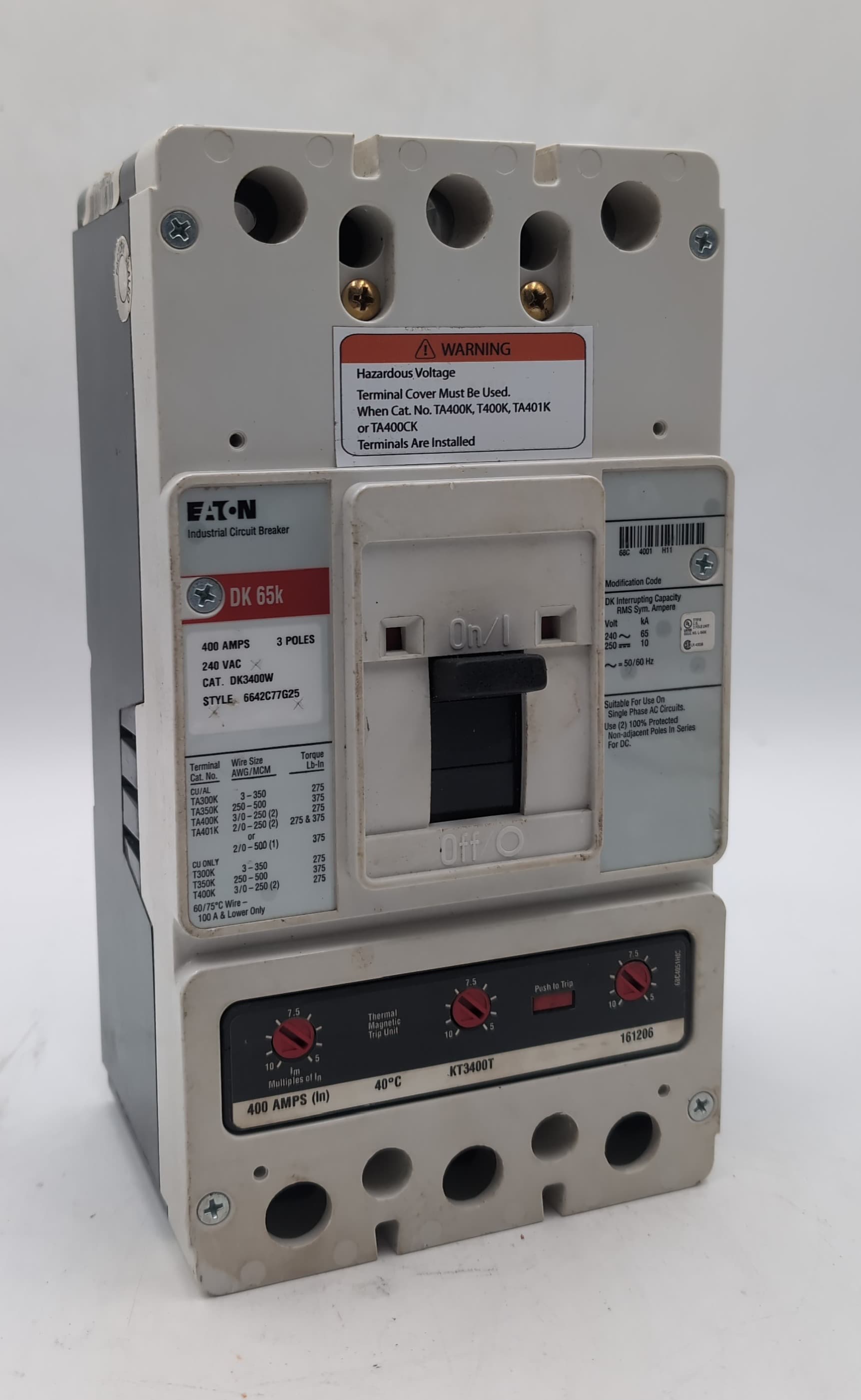 Eaton Cutler-Hammer DK3400W 400A 3P 240V Circuit Breaker w/ KT3400T Trip Unit