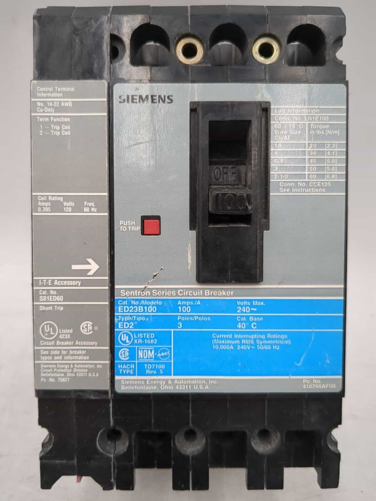 Siemens ED23B100 Circuit Breaker — image 1 of 6