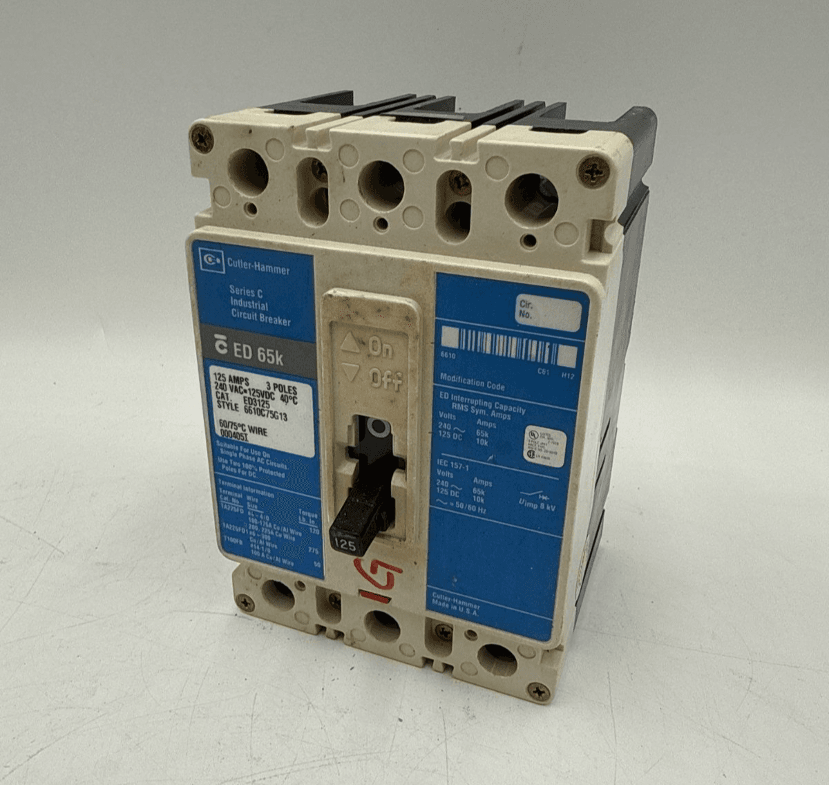 Cutler Hammer ED3125 Circuit Breaker 125A 3P 240V 3PH ED 65k 125 Amp 3 Pole – image 1