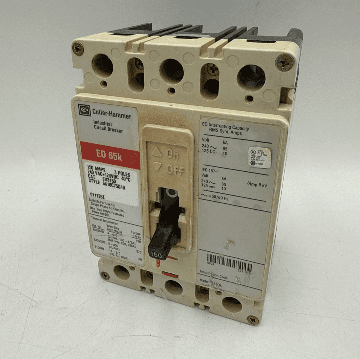 Cutler Hammer ED3150 Circuit Breaker 150A 3P 240V 3PH ED 65k 150 Amp 3 Pole