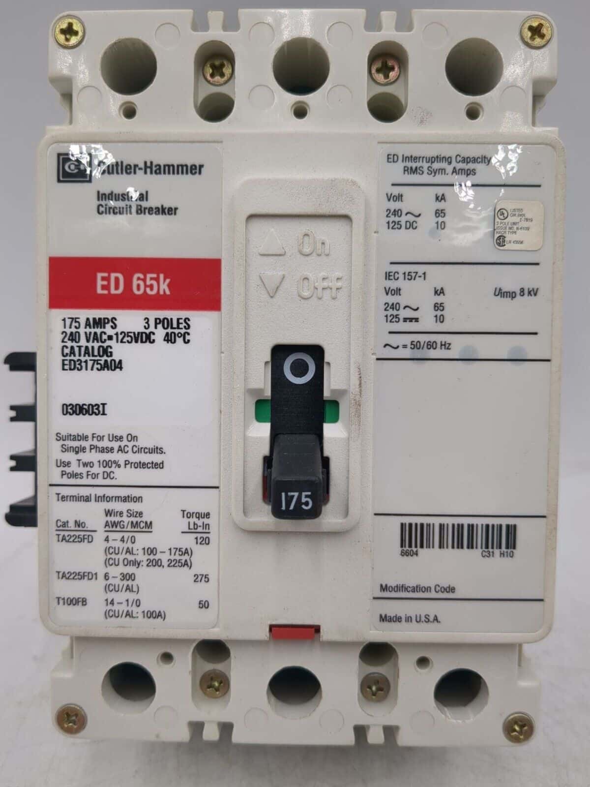 Cutler-Hammer ED3175A04 Circuit Breaker 175A 3P 240V 3PH ED 65k 175 Amp