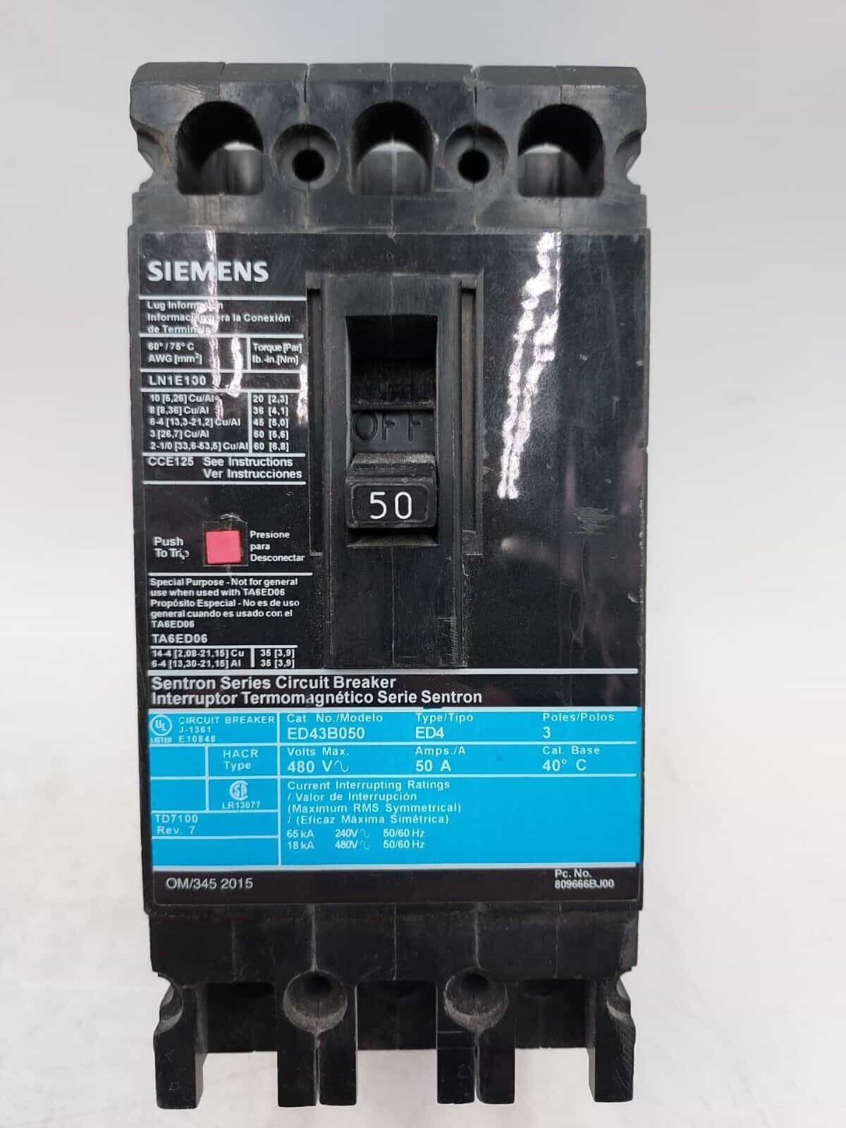 Siemens ED43B050 Circuit Breaker — image 1 of 6