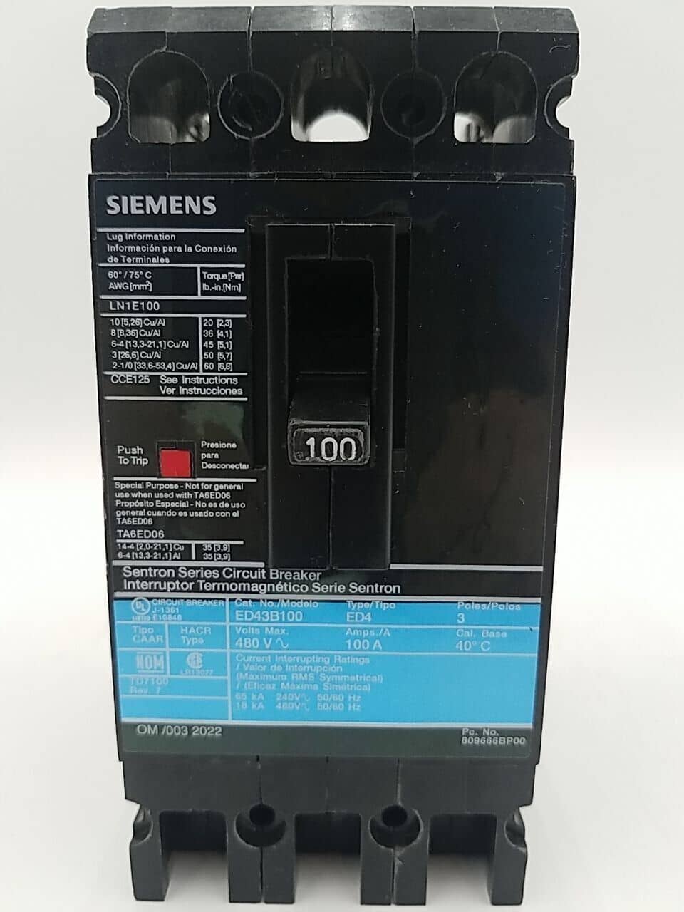 Siemens ED43B100 Circuit Breaker — image 1 of 6