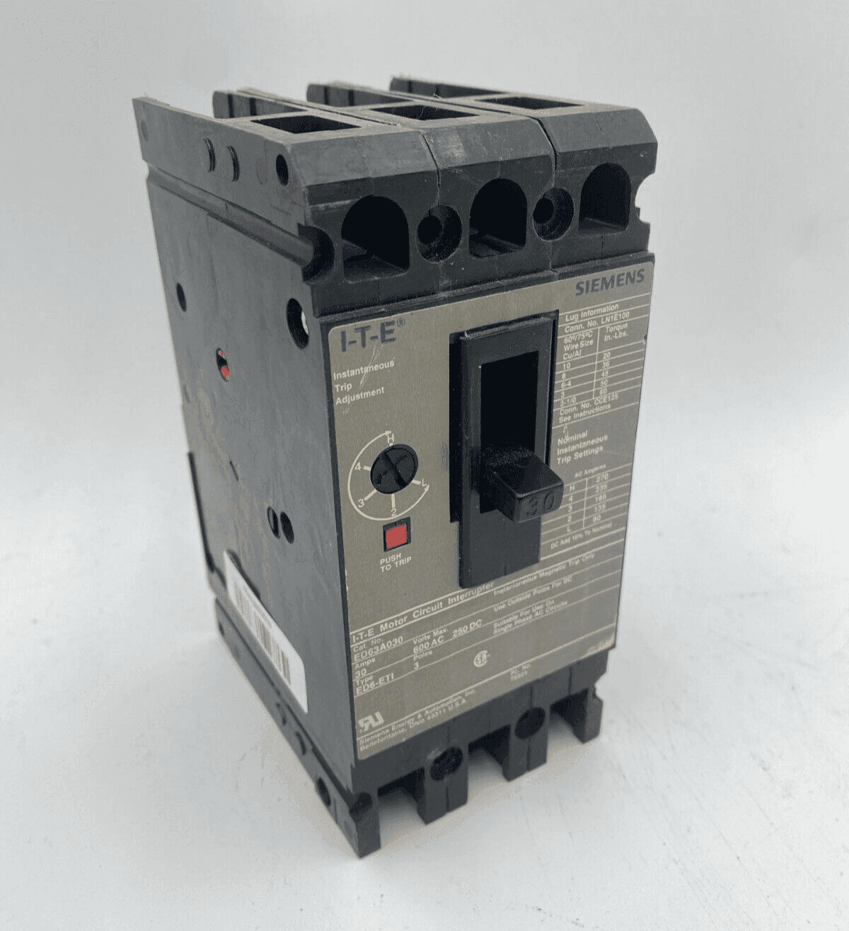 ITE Siemens ED63A030 Circuit Breaker 30A 3P 600V 3PH ED6-ETI 30 Amp 3 Pole Used