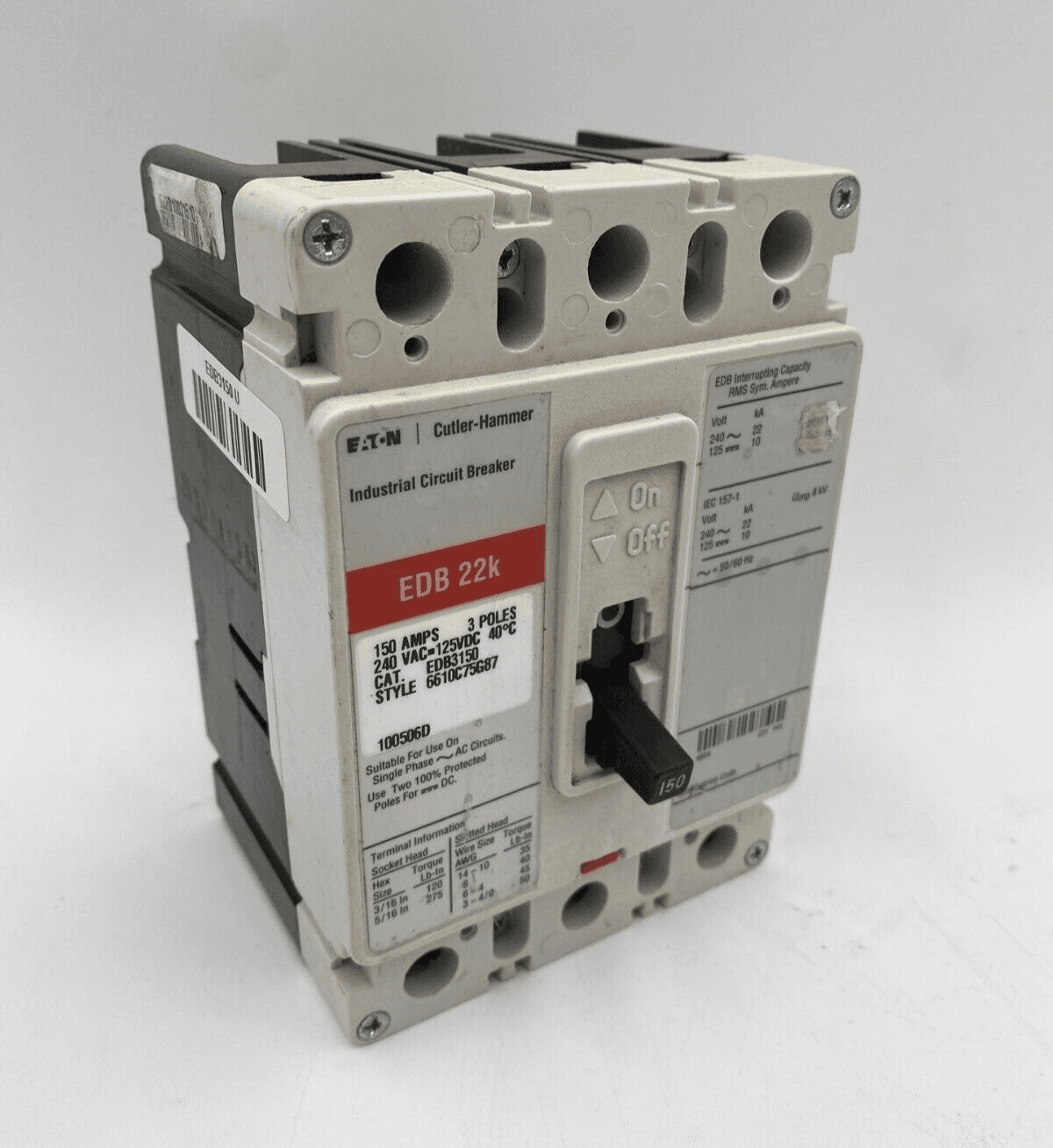 Eaton EDB3150 Circuit Breaker 150A 3P 240V 3PH EDB Bolt On 150 Amp 3 Pole – image 1