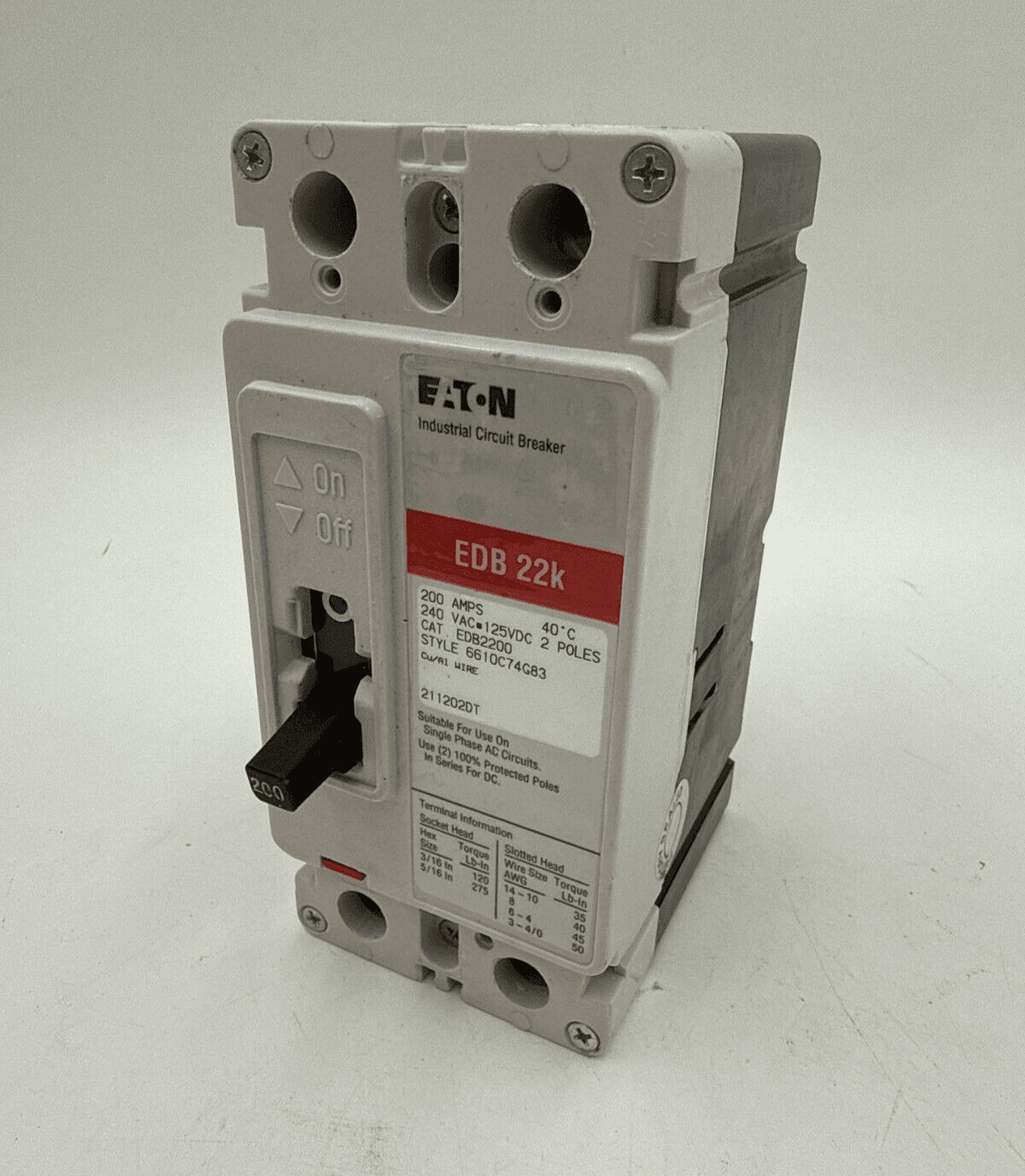 Eaton EDB2200 Circuit Breaker 200A 2P 240V 1PH EDB 22k 200 Amp 2 Pole Bolt On – image 1