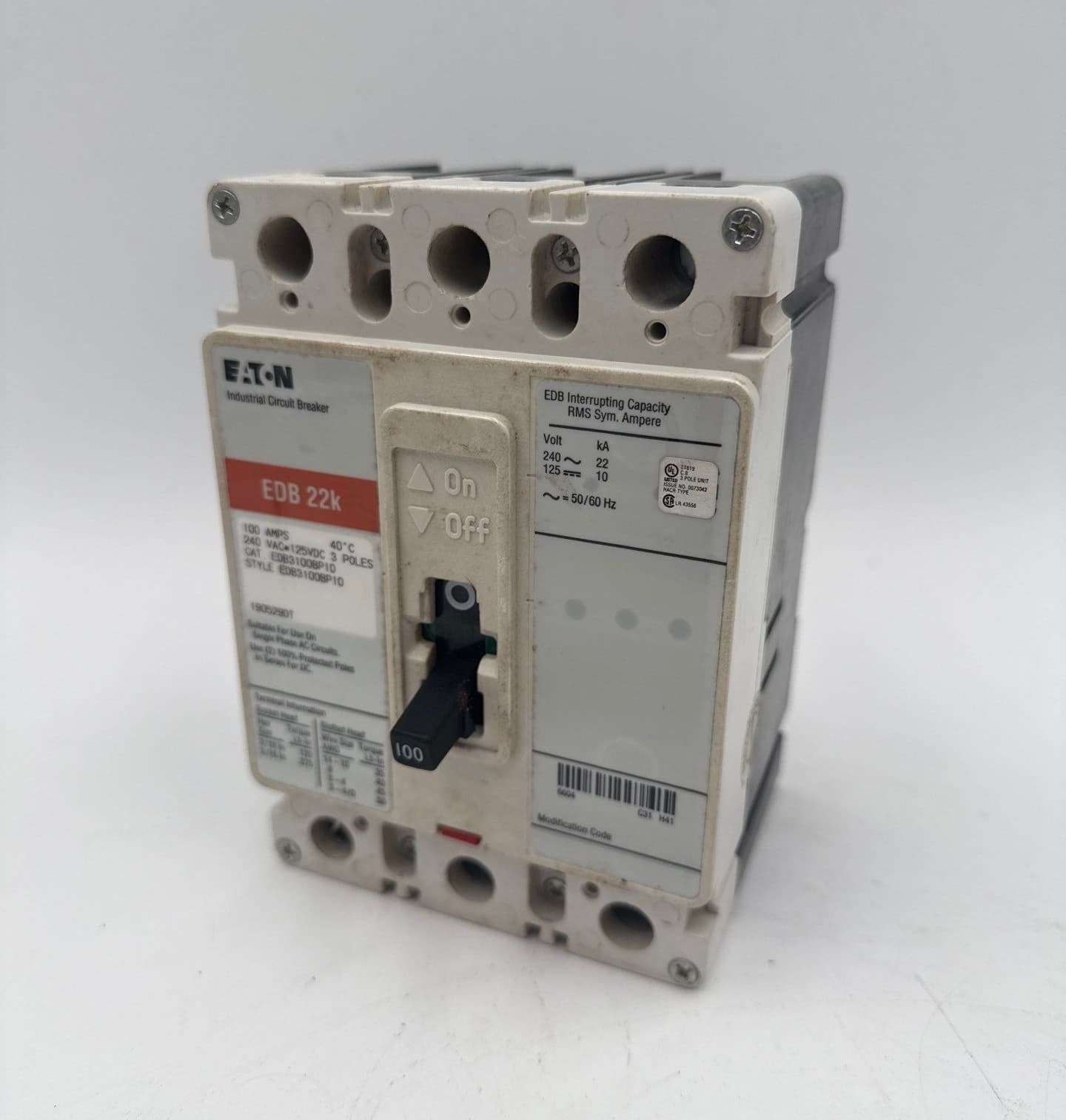 Eaton EDB3100BP10 Circuit Breaker 100A 3P 240V EDB 22k 100 Amp 3 Pole – image 1