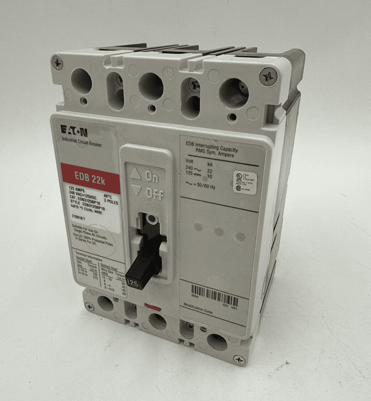 Eaton EDB3125BP10 Circuit Breaker 125A 3P 240V 3PH EDB 22k 125 Amp 3 Pole – image 1