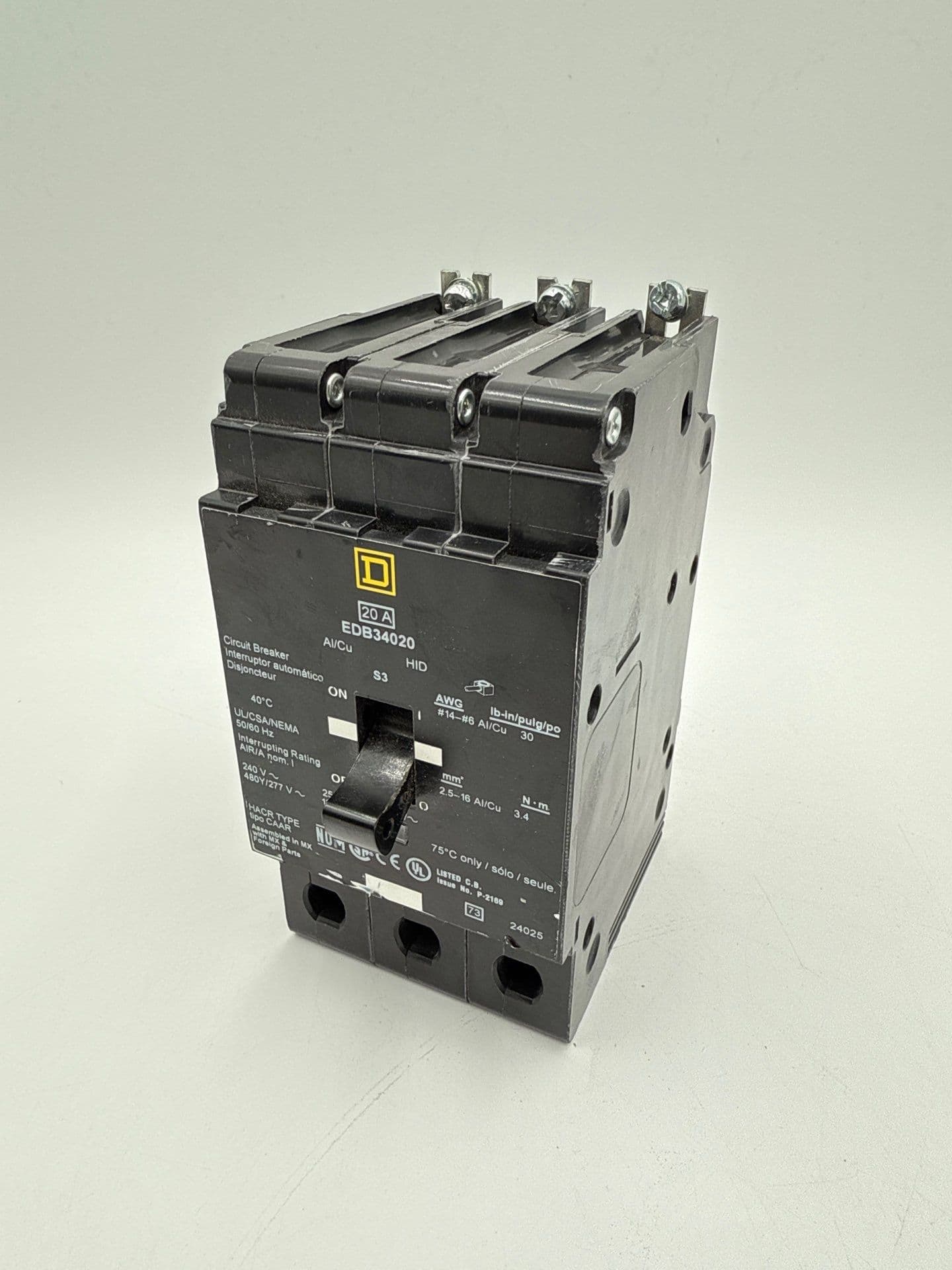 Square D EDB34020 Circuit Breaker 20A 3P 480V 3PH EDB 20 Amp 3 Pole