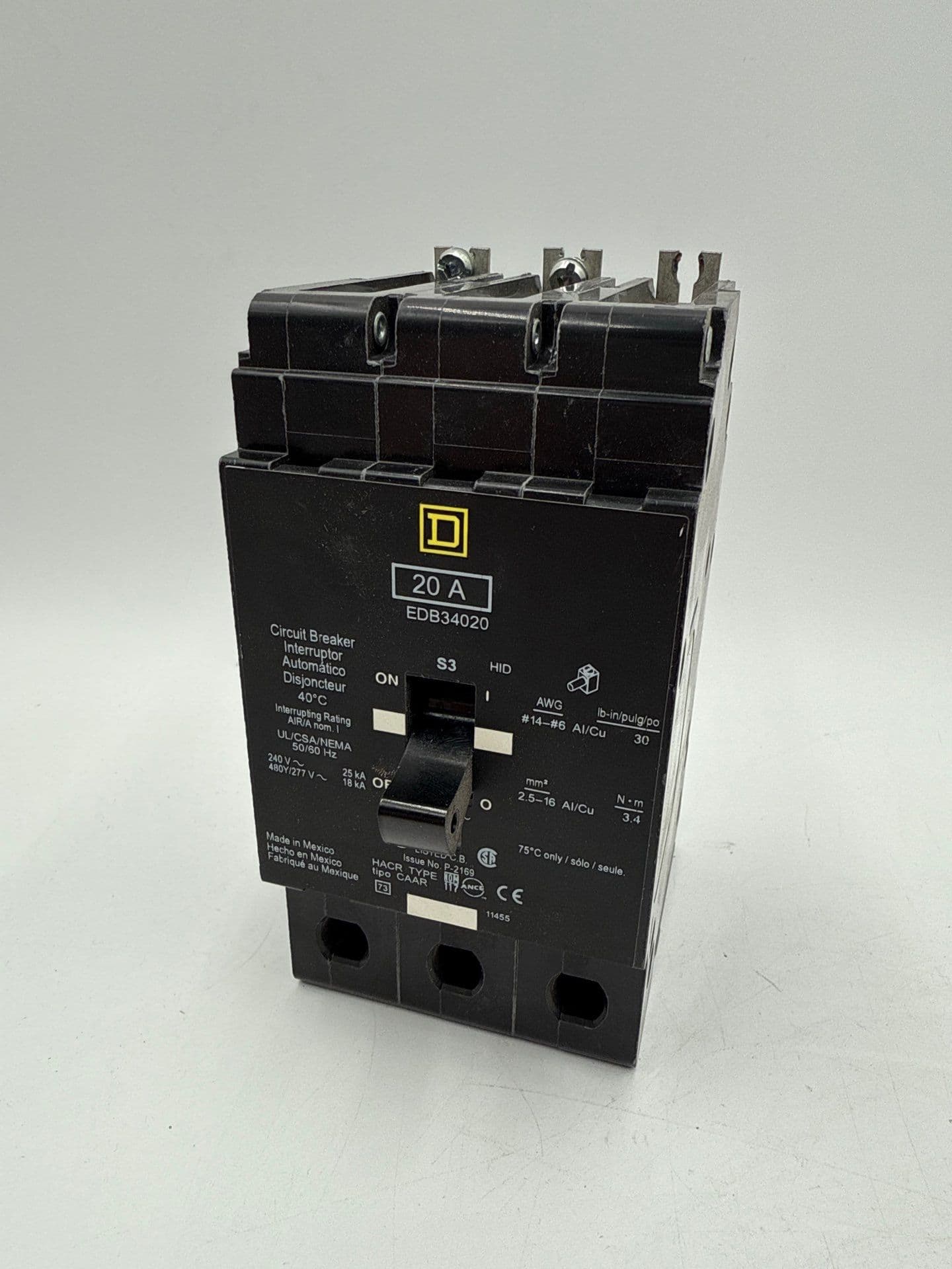 Square D EDB34020 Bolt On Circuit Breaker 20A 3P 480Y/277V 3PH 20 Amp 3 Pole – image 1