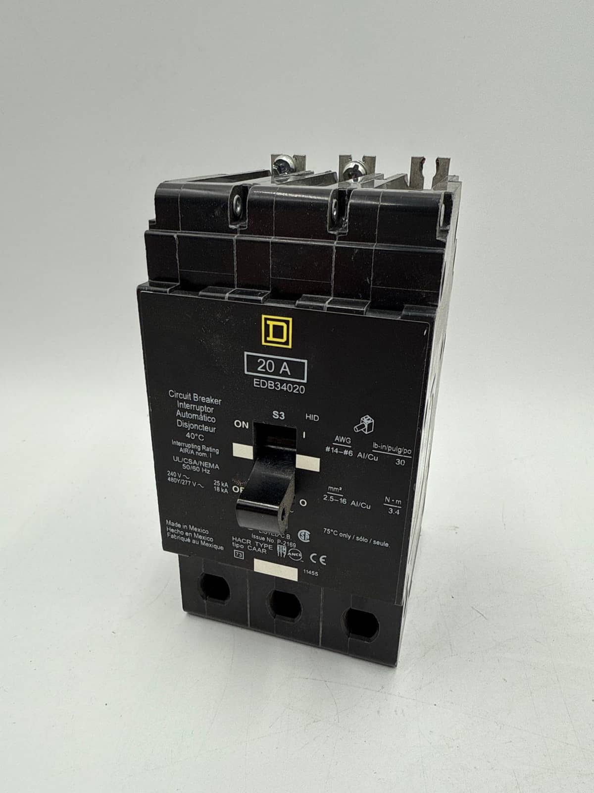 Square D EDB34020 Bolt On Circuit Breaker 20A 3P 480Y/277V 3PH 20 Amp 3 Pole