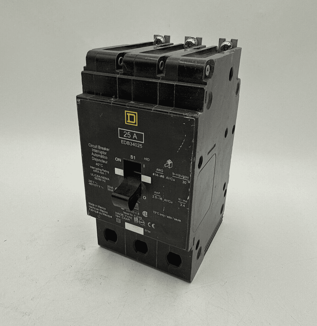 Square D EDB34025 Circuit Breaker 25A 3P 480/277V EDB Bolt On 25 Amp 3 Pole – image 1