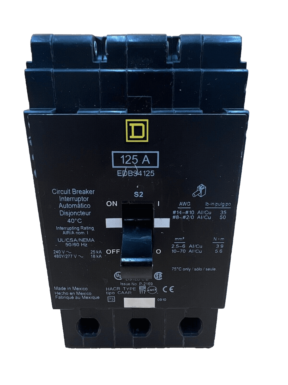 Square D EDB34125 Bolt On Circuit Breaker 125A 480V 3 Pole