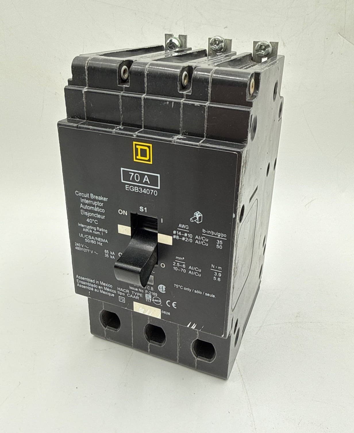 Square D EGB34070 Bolt On Circuit Breaker 70A 480V 3P 70 Amp 3 Pole EGB Used – image 1