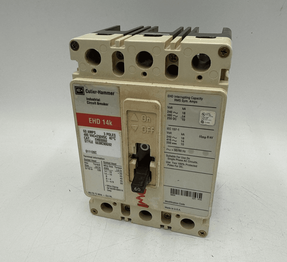 Cutler Hammer EHD3060 Circuit Breaker 60A 3P 480V 3PH EHD 14k 60 Amp 3 Pole – image 1