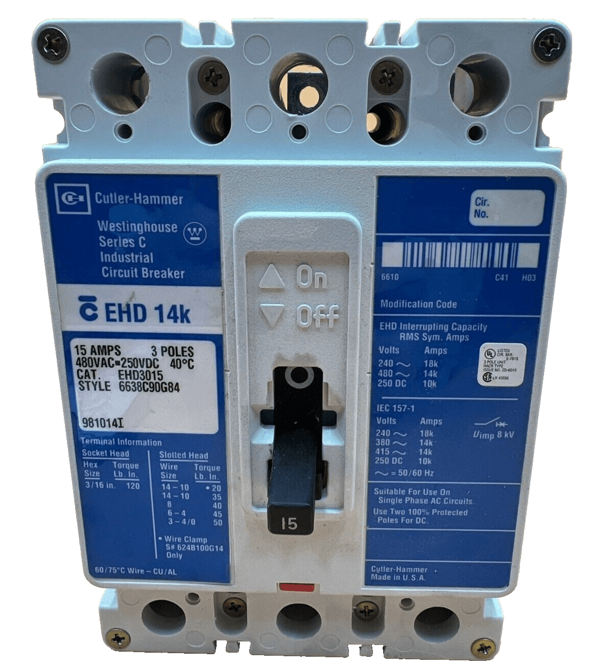 Cutler Hammer EHD3015 Circuit Breaker 15A 3P 480V 3PH Bolt on EHD 14K 15 Amp – image 1