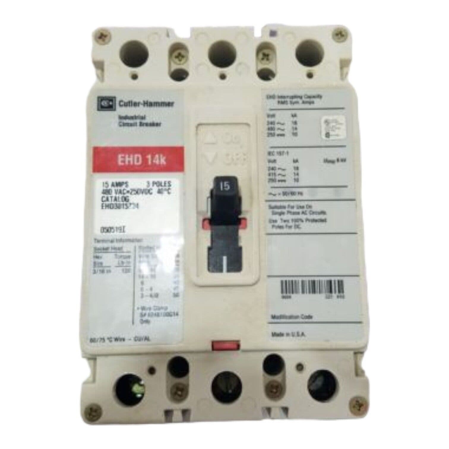 Cutler Hammer EHD3015Z04 15A 3P 480V 3PH EHD 14k 15 Amp 3 Pole EHD3015 – image 1