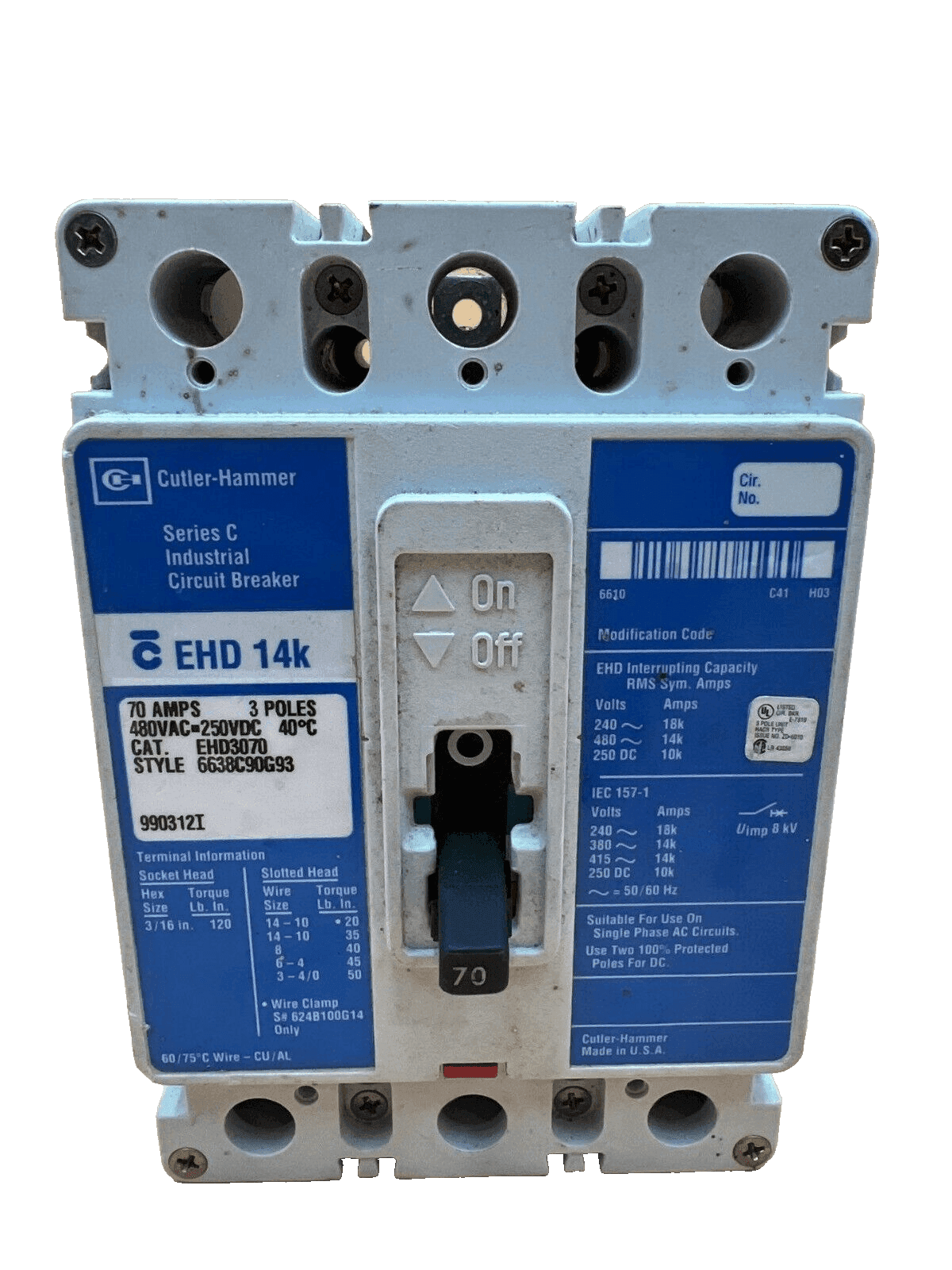 Cutler-Hammer EHD3070 Circuit Breaker — image 1 of 6