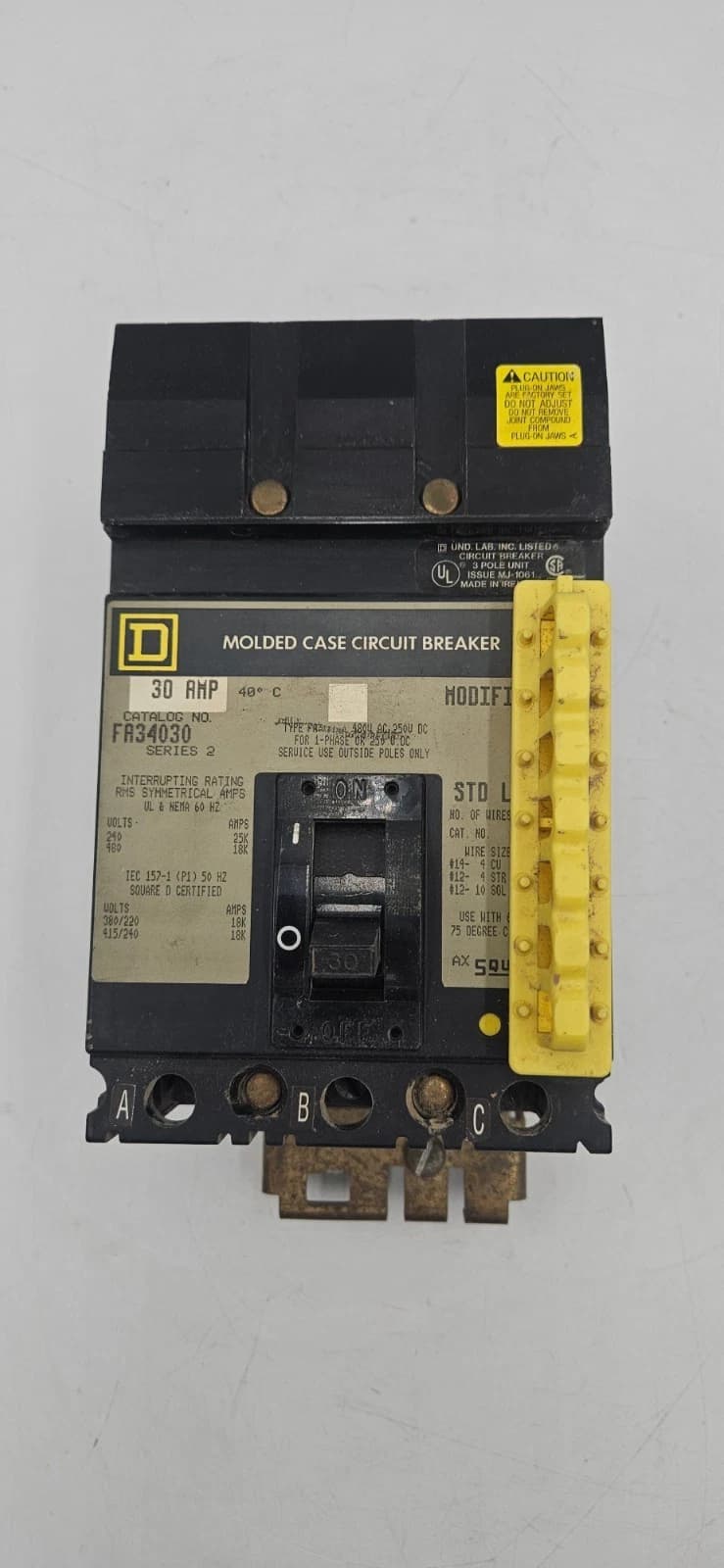 Square D FA34030 I-Line Circuit Breaker 30A 3P 480V 3PH FA 3 pole 30 Amp Used