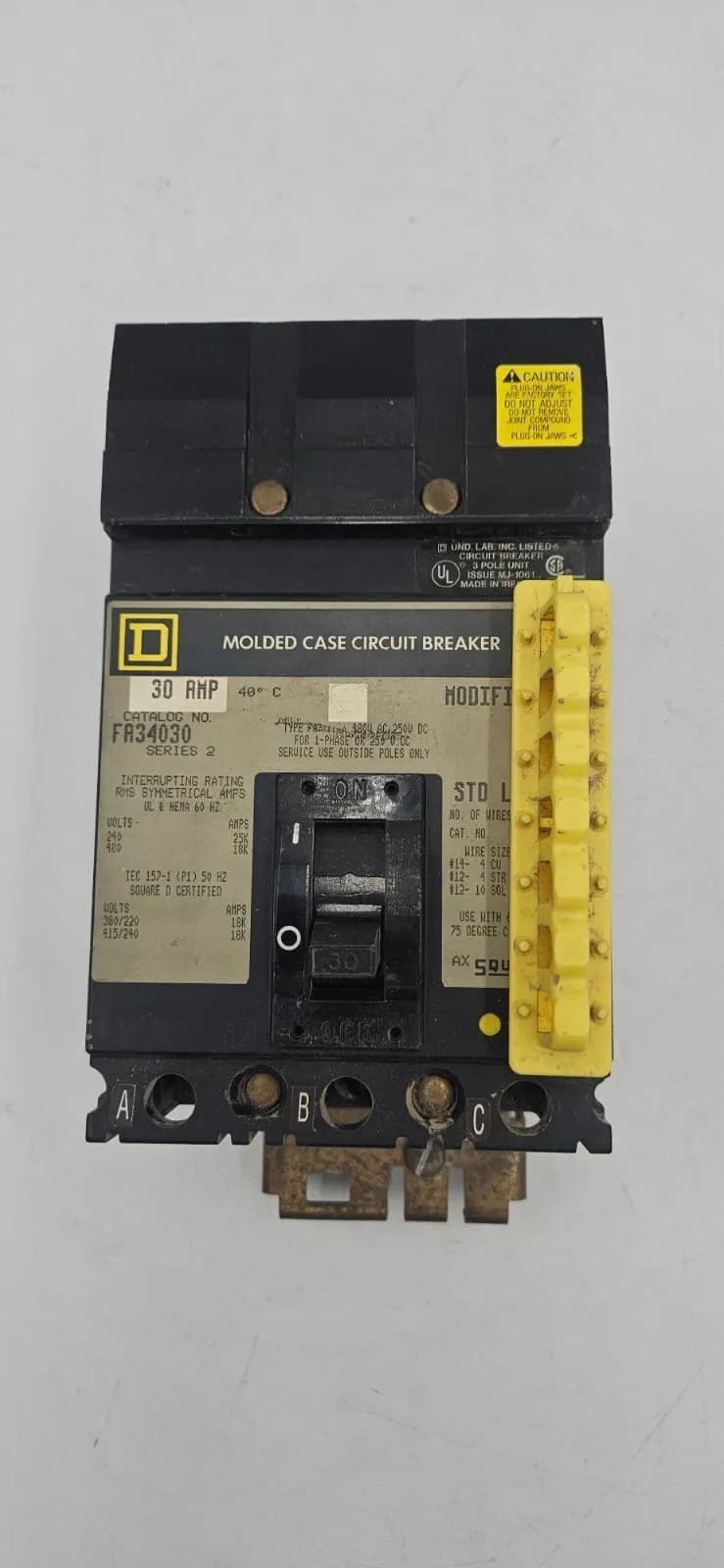 Square D FA34030 I-Line Circuit Breaker 30A 3P 480V 3PH FA 3 pole 30 Amp Used