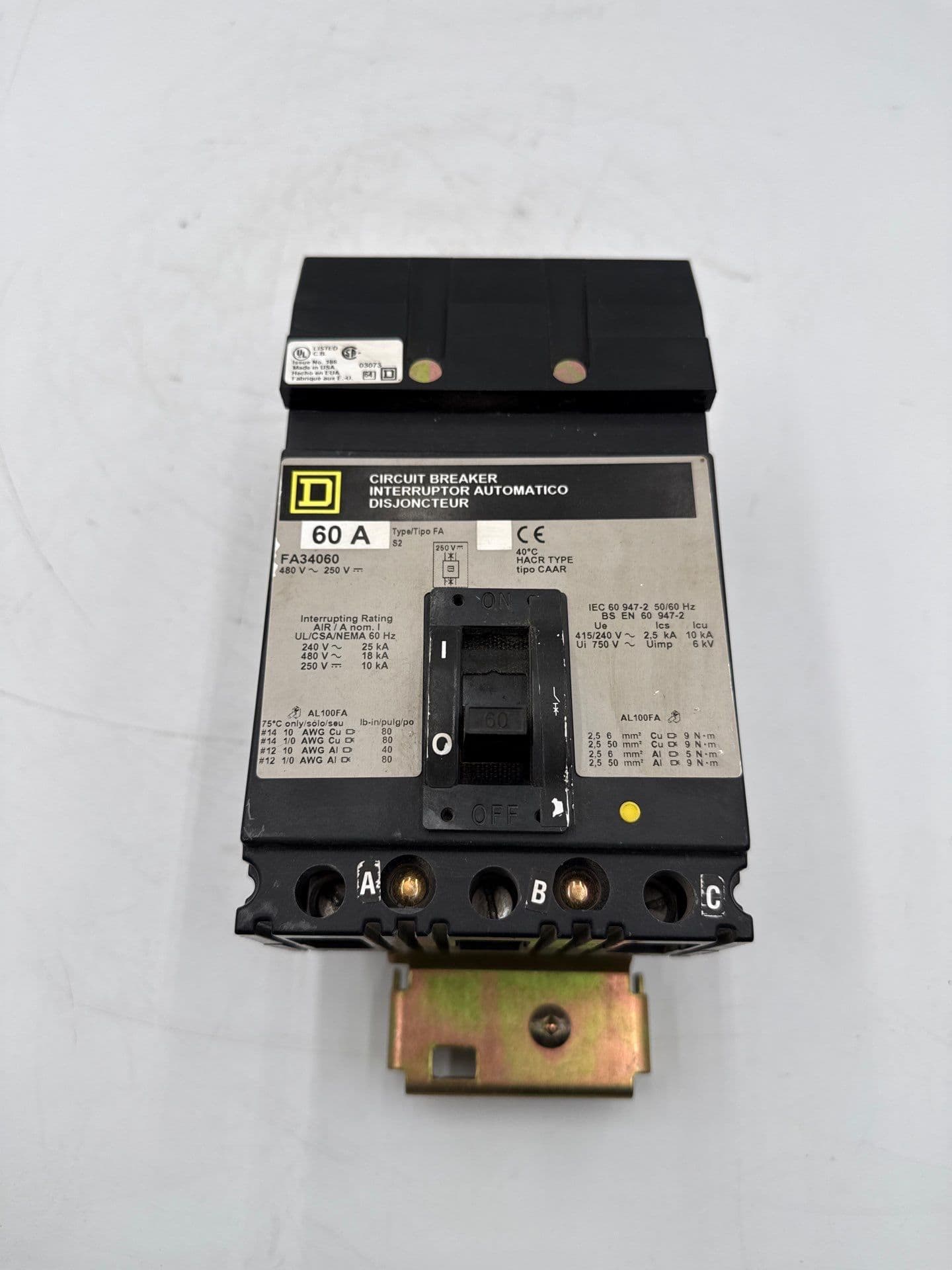 Square D FA34060 Circuit Breaker 60A 3P 480V 3PH I-Line 60 Amp 3 Pole – image 1