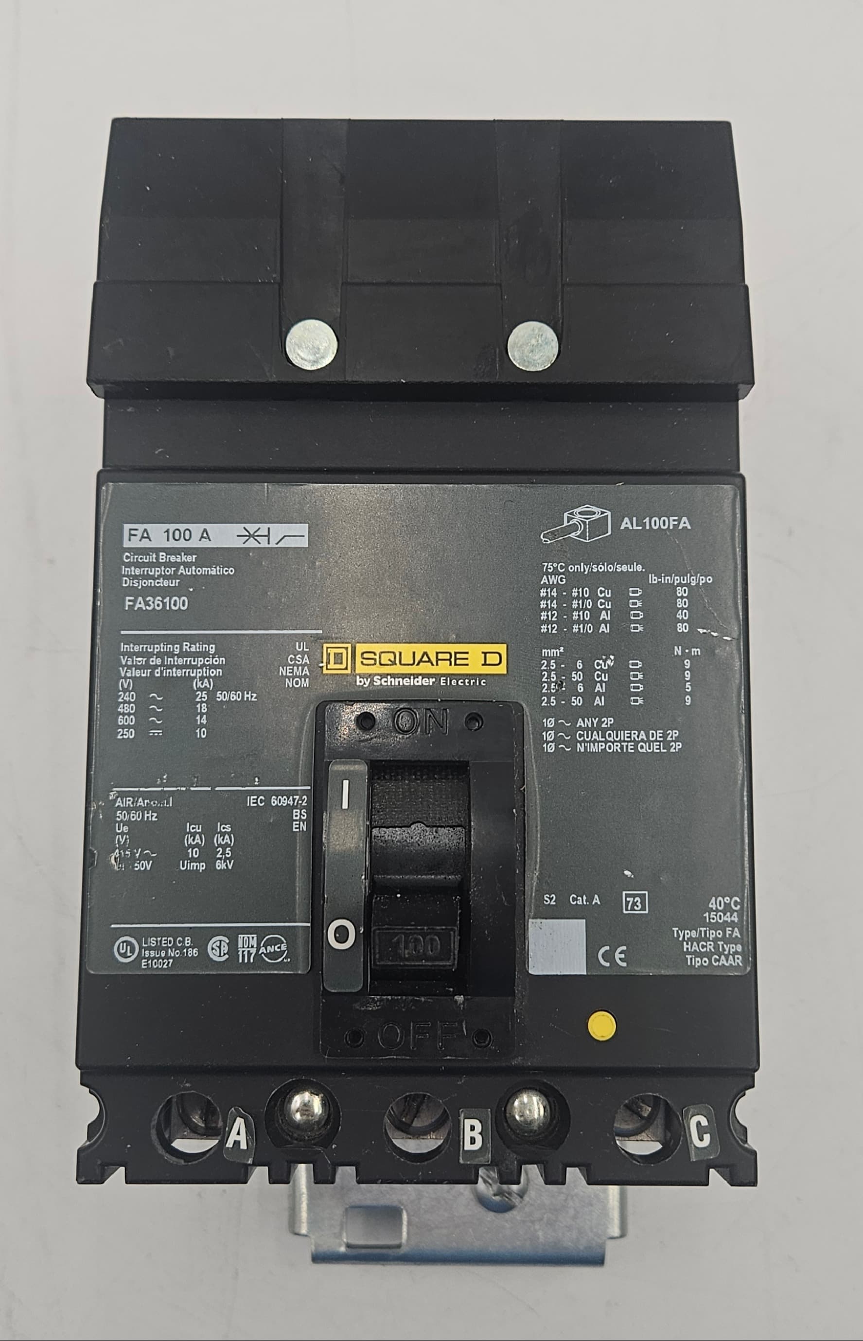 Square D FA36100 I-Line 100 Amp 3 Pole Circuit Breaker 600V