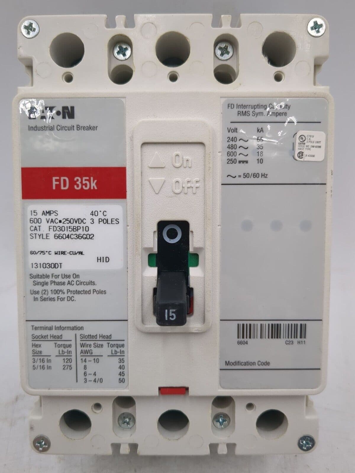 Eaton FD3015BP10 Circuit Breaker 15A 3P 600V FD 35k 15 Amp 3 Pole – image 1
