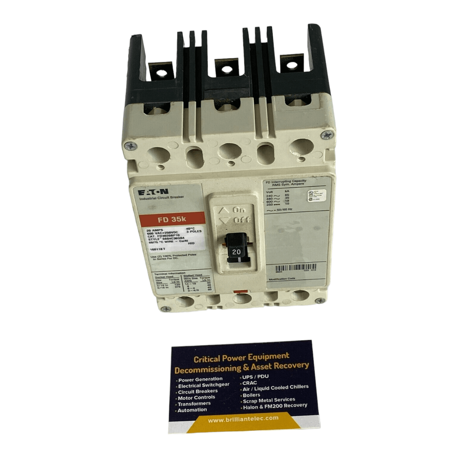 CUTLER HAMMER FD3020 Circuit Breaker 20A 3P 600V FD 35k 3 pole 20 Amp