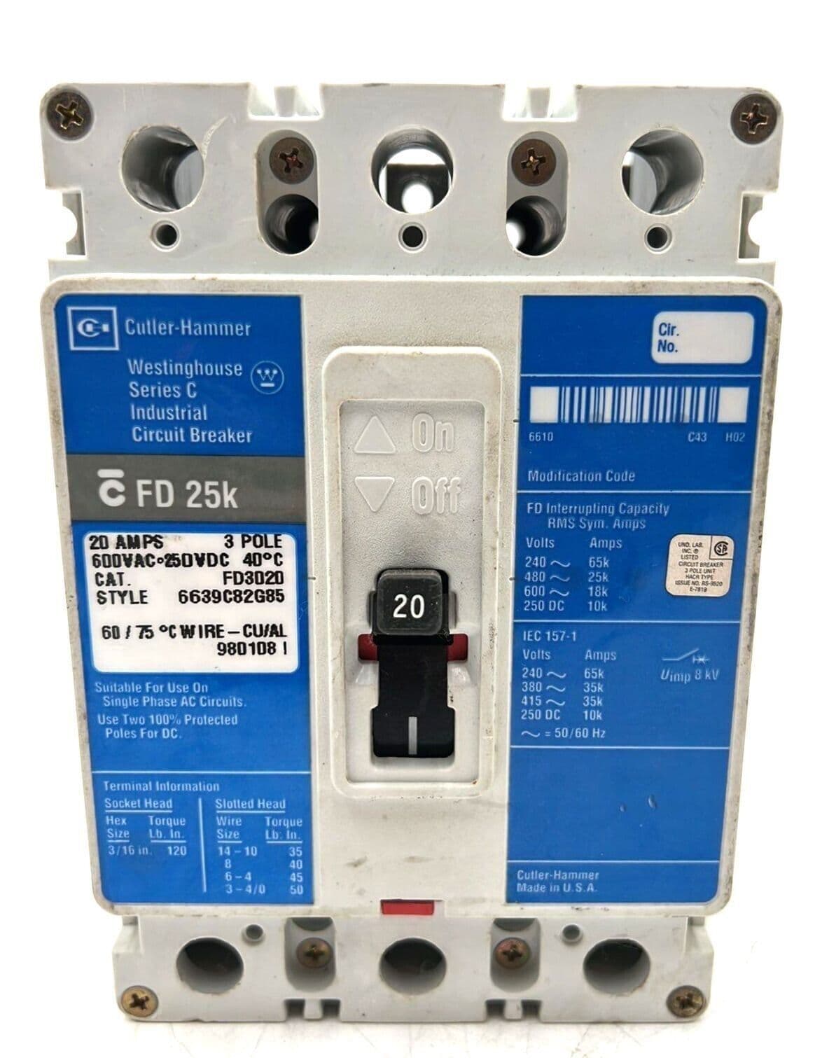 Cutler Hammer FD3020 Circuit Breaker 20A 3P 600V 3PH FD 25k 20 Amp 3 Pole