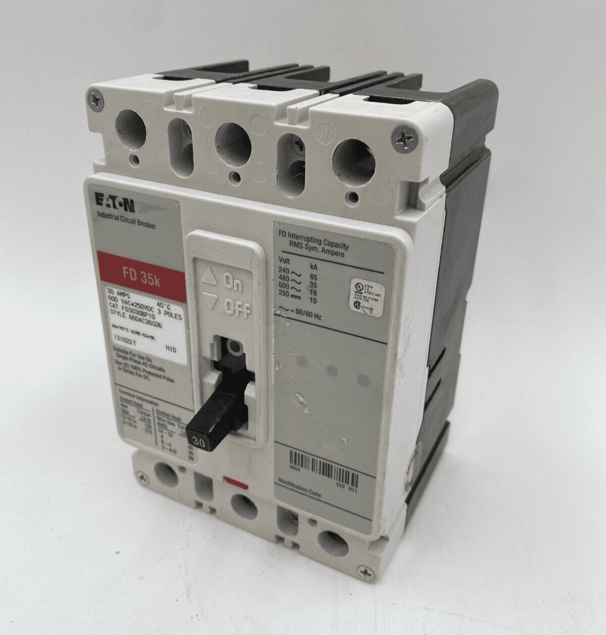 Eaton FD3030BP10 Circuit Breaker 30A 3P 600V 3PH FD 35k 30 Amp 3 Pole Bolt On