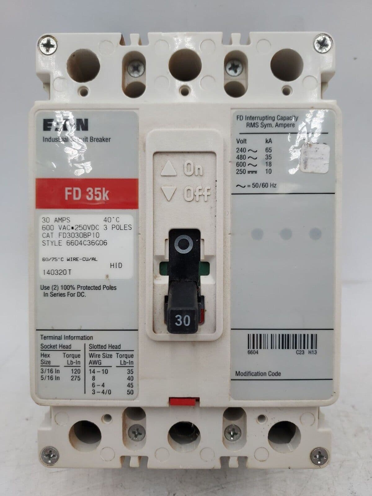 EATON CH FD3030BP10 Circuit Breaker 30A 3P 600V 3PH FD 35k BOLT ON 30 Amp 3 Pole – image 1
