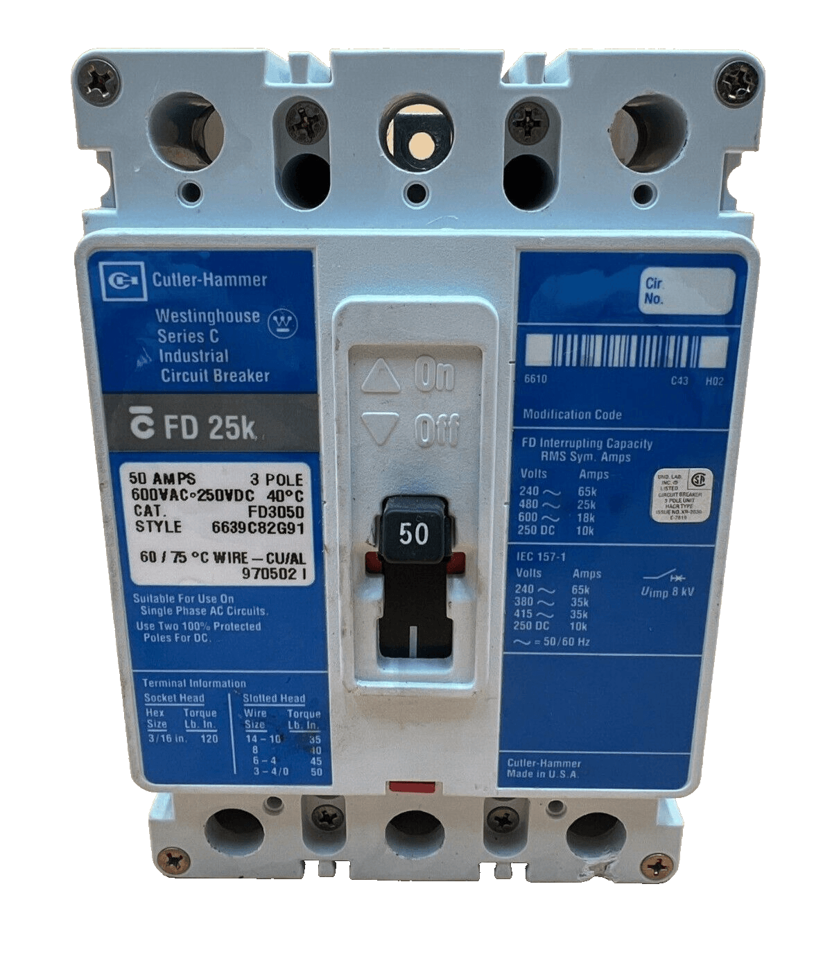 Eaton FD3050 Circuit Breaker 50A 3P 600V 3PH FD Bolt On 50 Amp 3 Pole – image 1