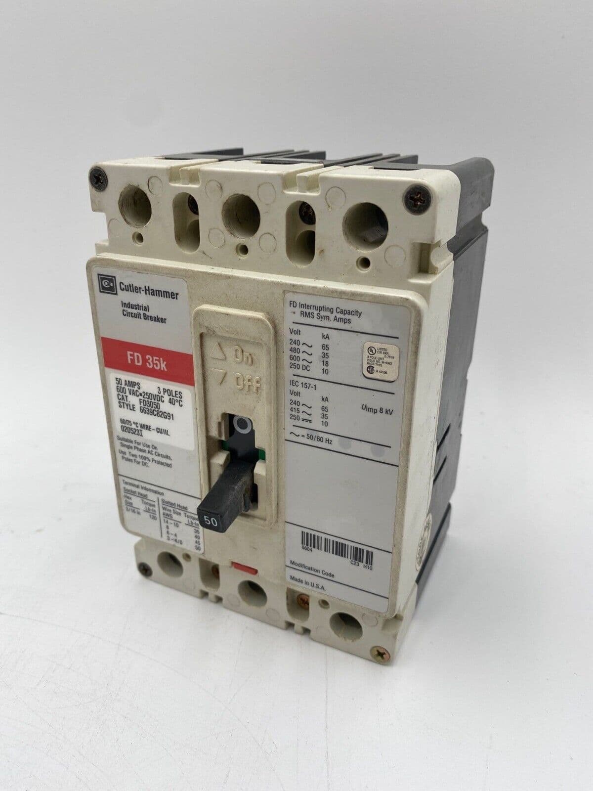 Eaton FD3050 Circuit Breaker 50A 3P 600V 3PH FD Bolt On 50 Amp 3 Pole