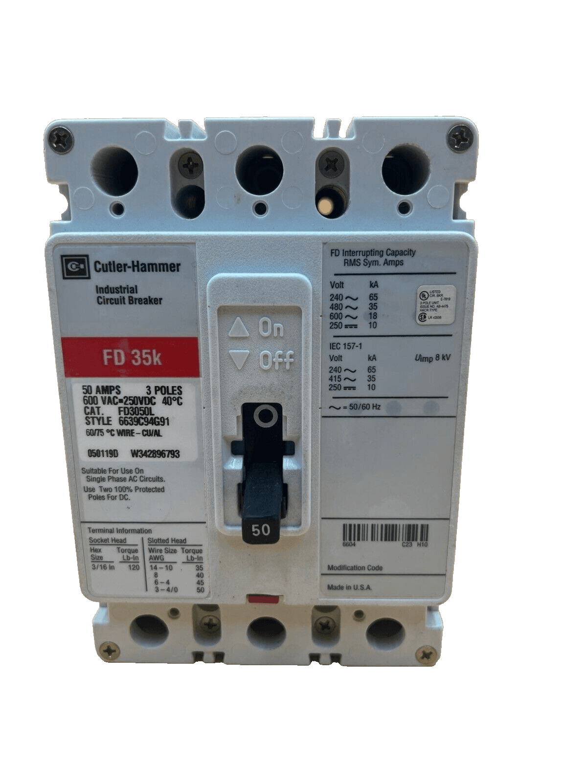 Cutler Hammer FD3050L 50A 600V 3P Bolt On Circuit Breaker 50 Amp 3 Pole FD 35k – image 1