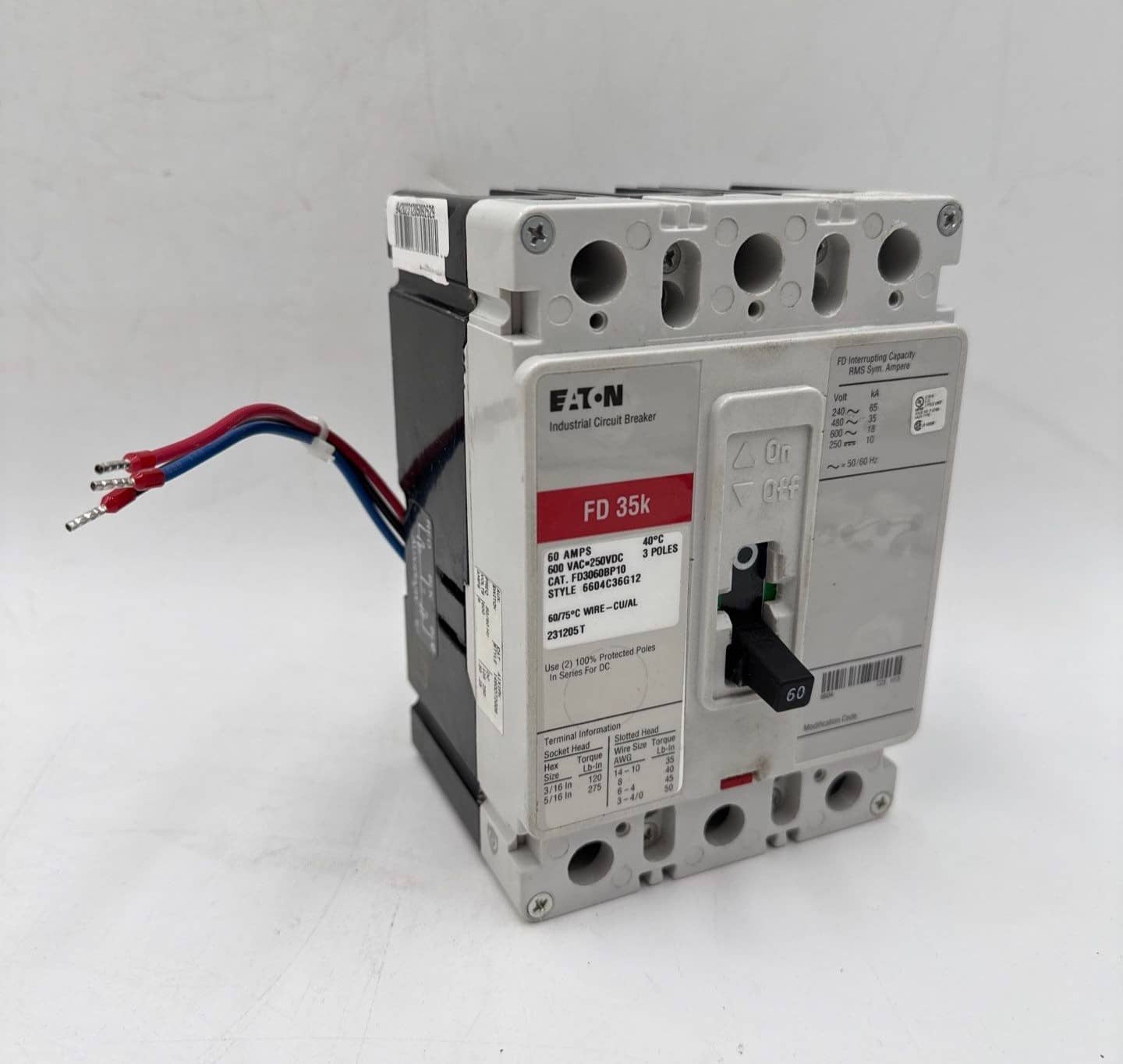 Eaton FD3060BP10 Circuit Breaker 60A 3P 600V FD 35k 60 Amp Bolt On Aux Switch