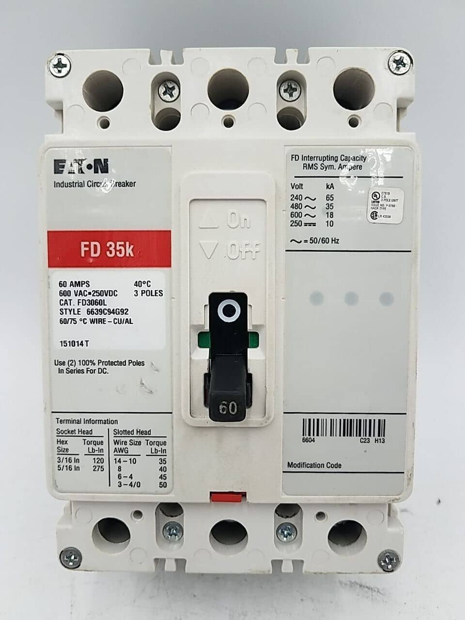 Eaton FD3060L Circuit Breaker 60A 3P 600V 3PH FD 3 pole 60 Amp 600 Volt