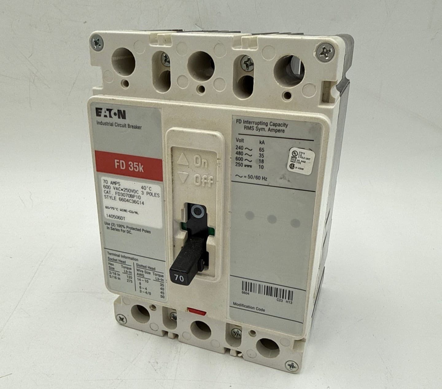 Eaton FD3070BP10 Circuit Breaker 70A 3P 600V FD 35k 70 Amp Bolt On 3 Pole – image 1
