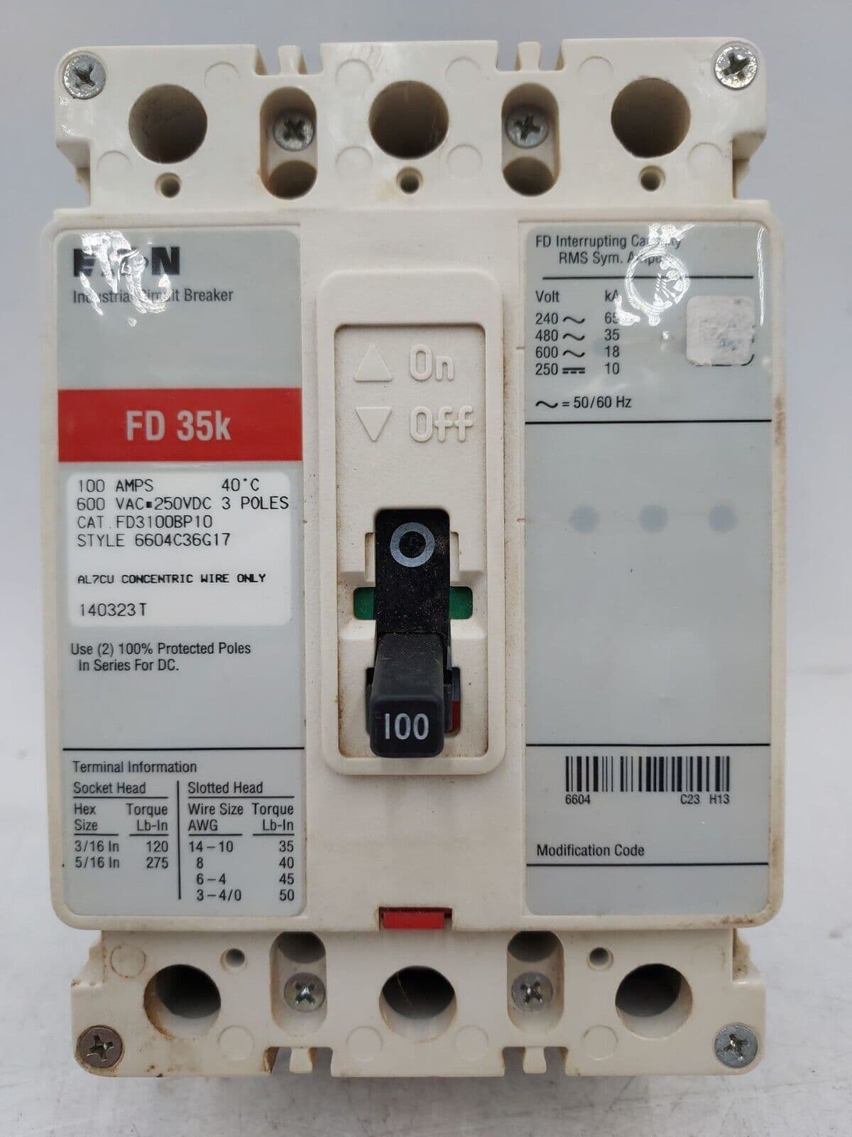 EATON FD3100BP10 Circuit Breaker 100A 3P 600V 3PH FD 35k 100 Amp 3 POLE – image 1